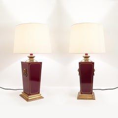 Burgundy Bakelite and Brass Lion Heads Table Lamps