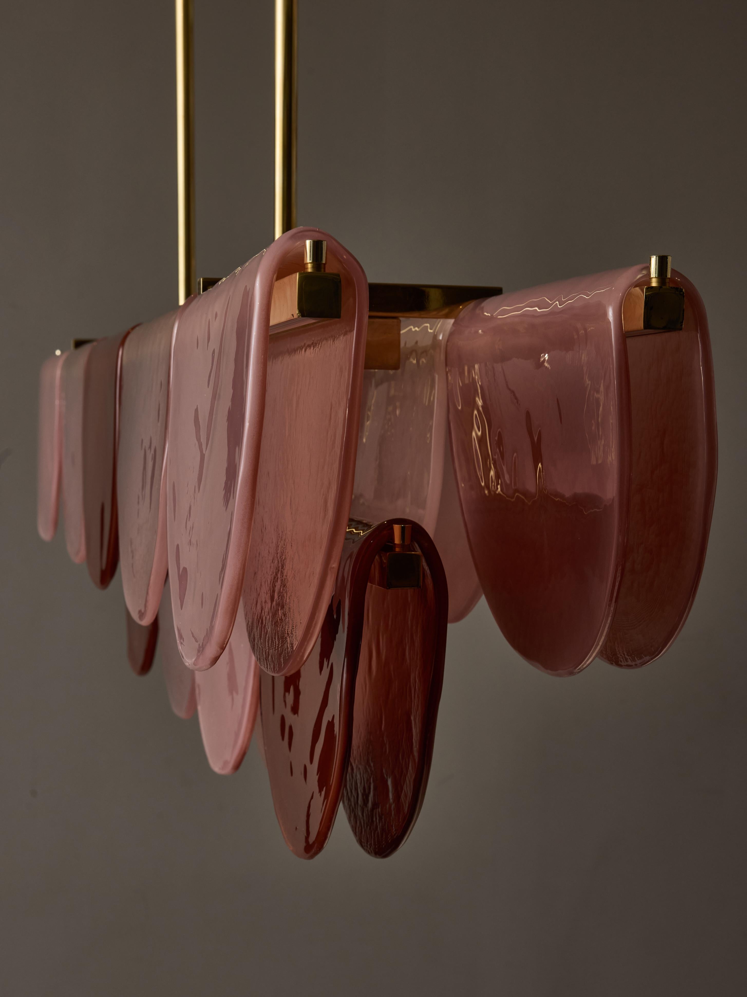 Contemporary Burgundy, Blush and Powder Pink Murano Glass Long Chandelier For Sale