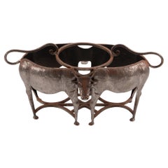 Burgundy Bovine Bottle Butler: French Silver-Plated Cow Bottle Holder, 20th C