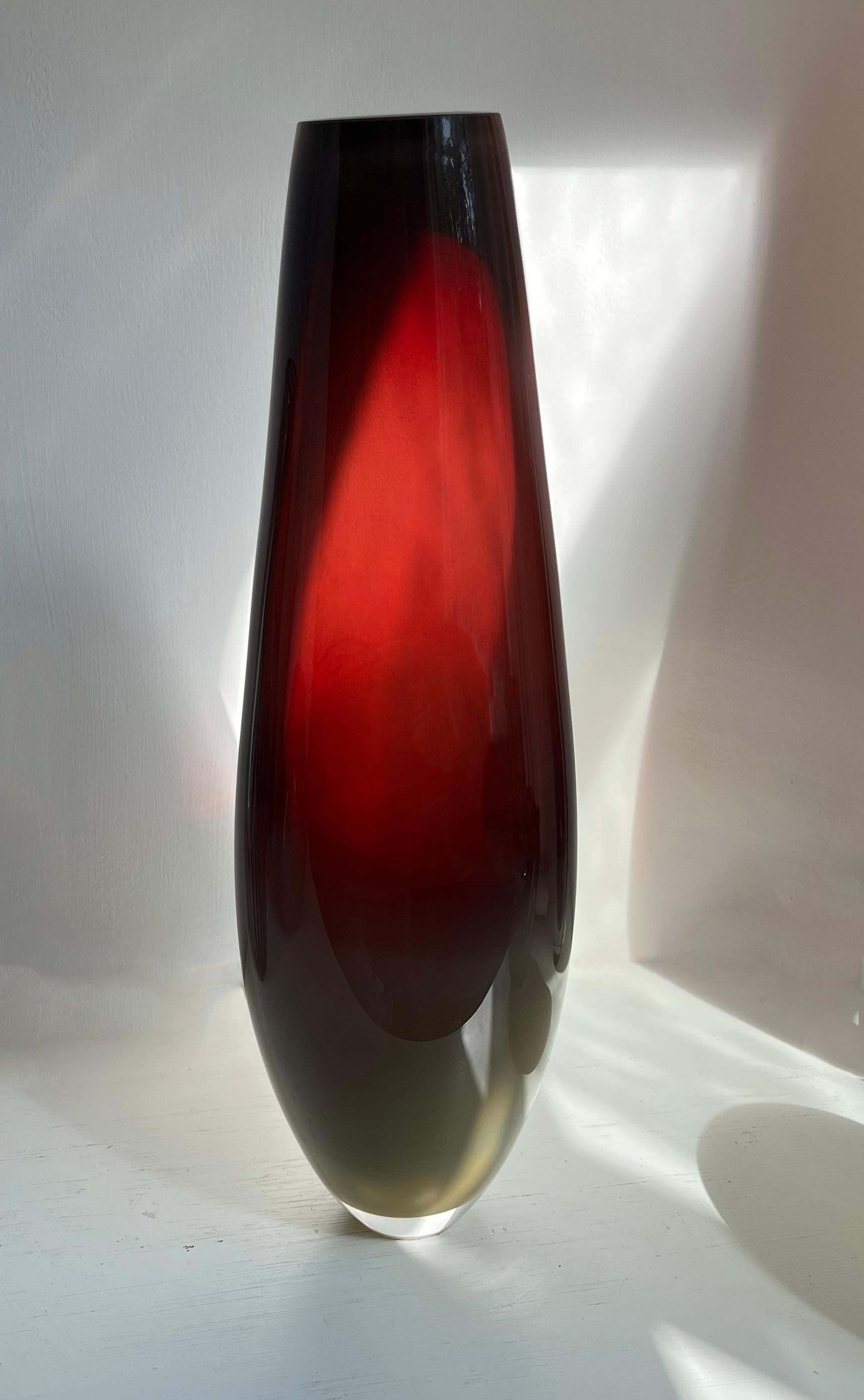 Organic Modern Burgundy Bullet blown glass Vessel with cut polished rim For Sale