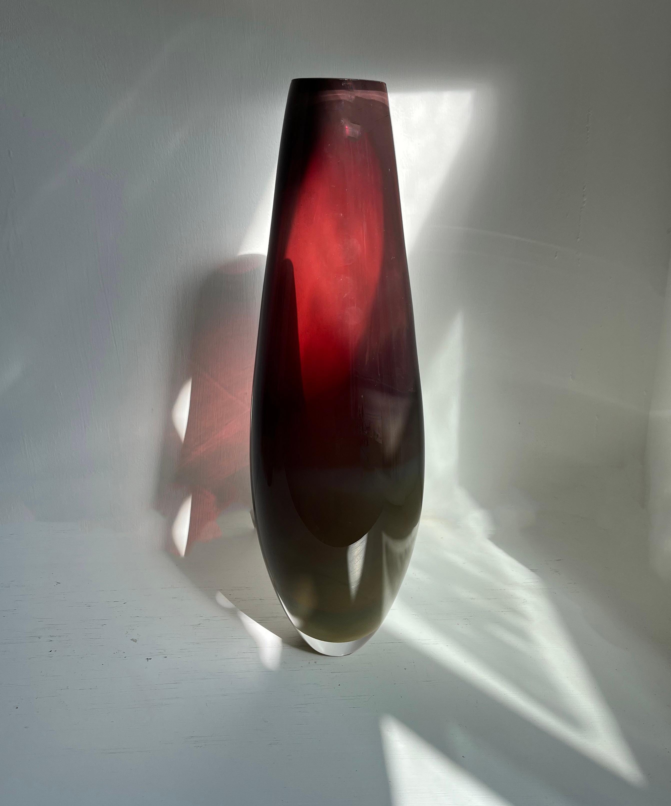 British Burgundy Bullet blown glass Vessel with cut polished rim For Sale