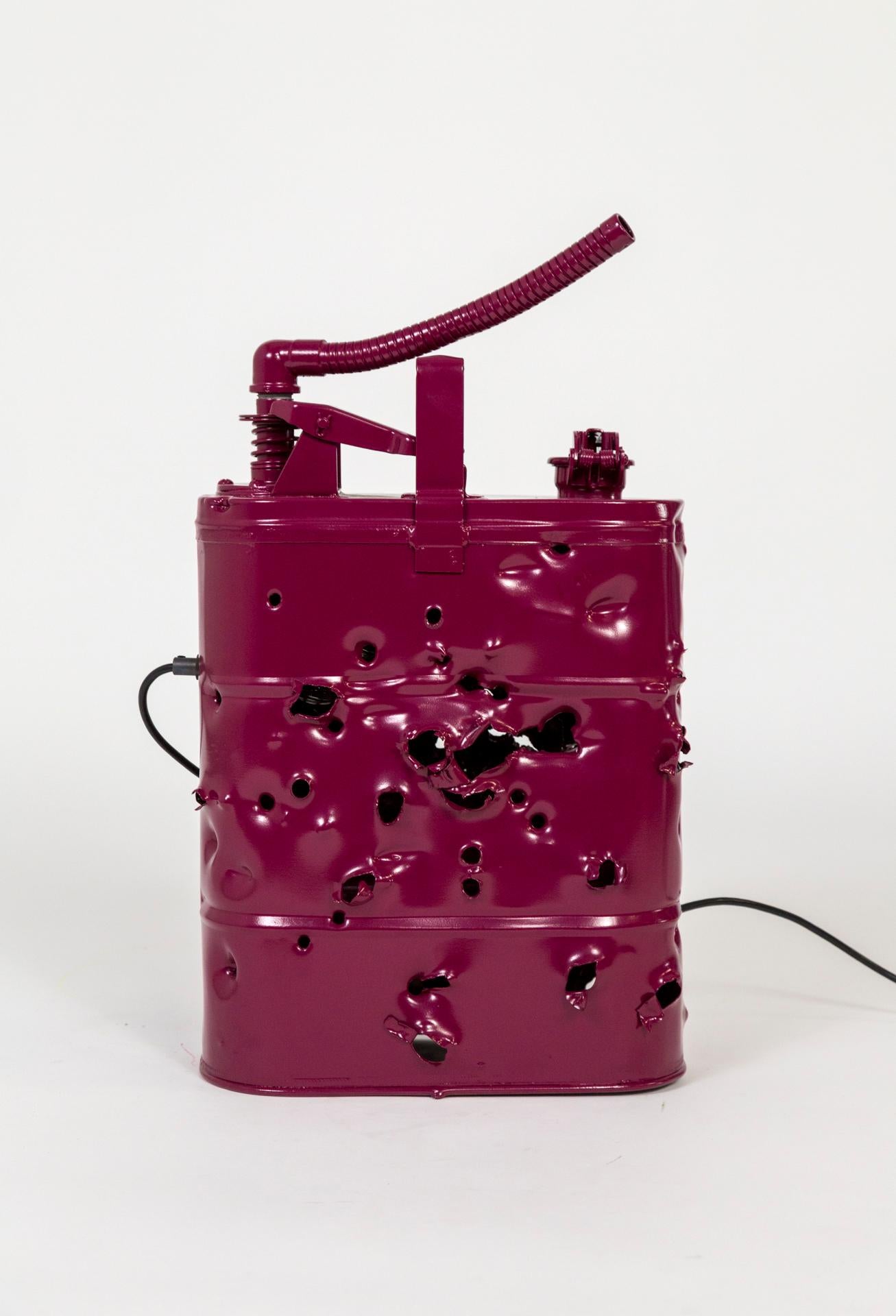Metal Burgundy Bullet Holed Can Lamp by Charles Linder