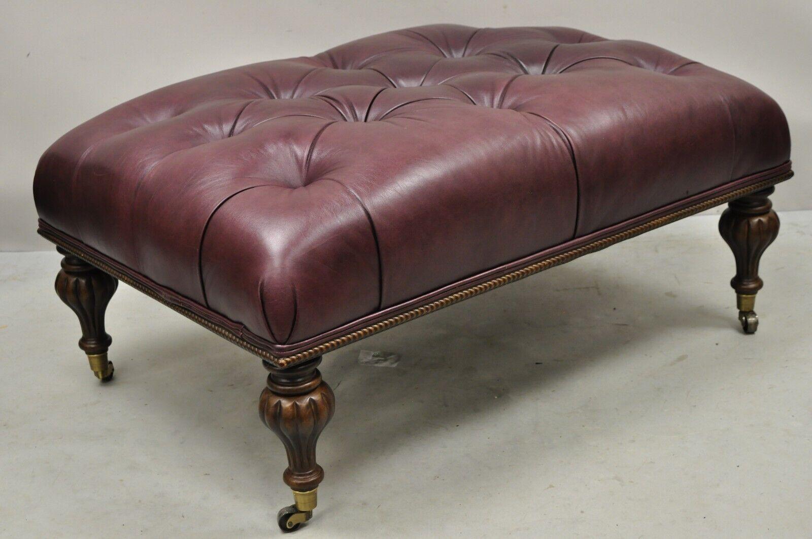 Burgundy Button Tufted Leather English Chesterfield Style Ottoman Footstool 5