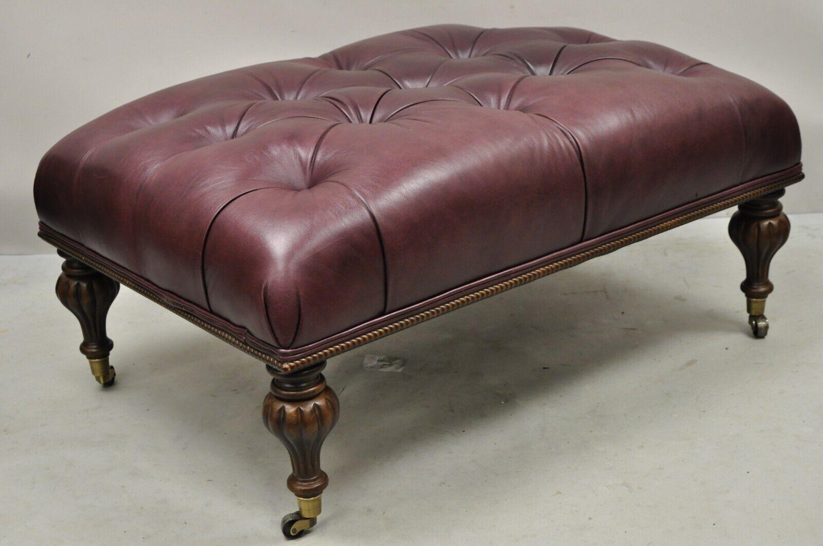Burgundy Button Tufted Leather English Chesterfield Style Ottoman Footstool 4