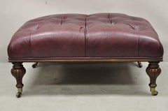 Burgundy Button Tufted Leather English Chesterfield Style Ottoman Footstool
