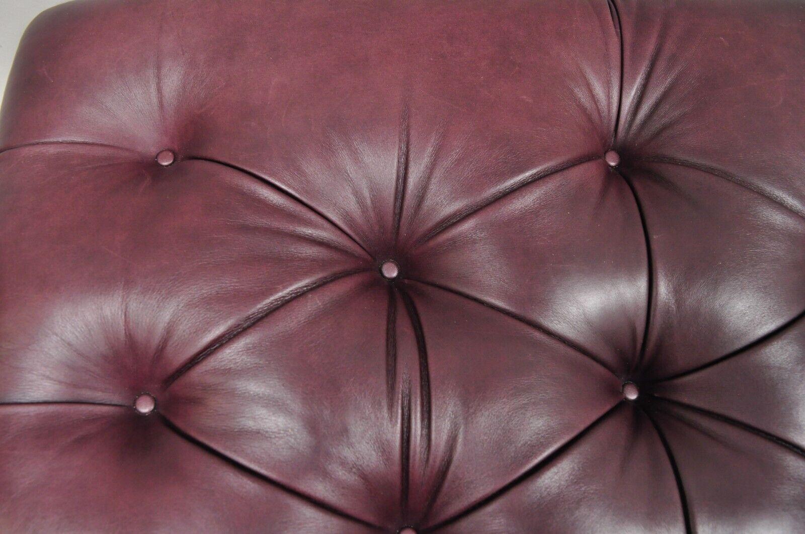 Burgundy Button Tufted Leather English Chesterfield Style Ottoman Footstool In Good Condition In Philadelphia, PA