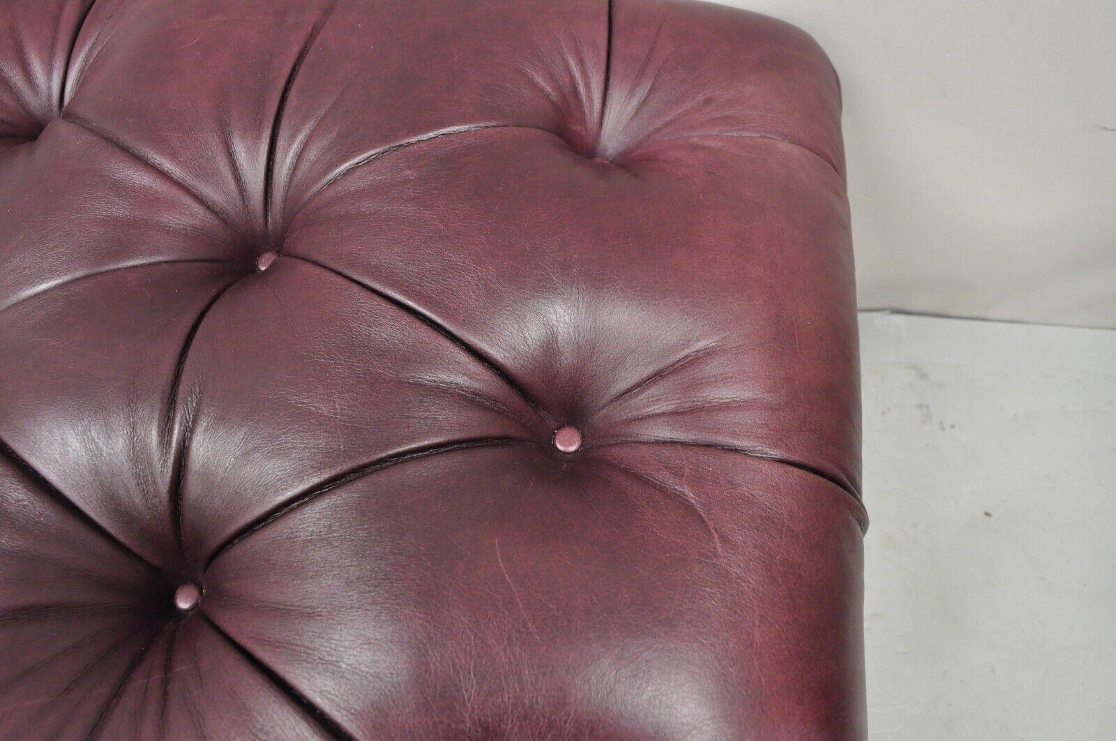 Burgundy Button Tufted Leather English Chesterfield Style Ottoman Footstool In Good Condition In Philadelphia, PA