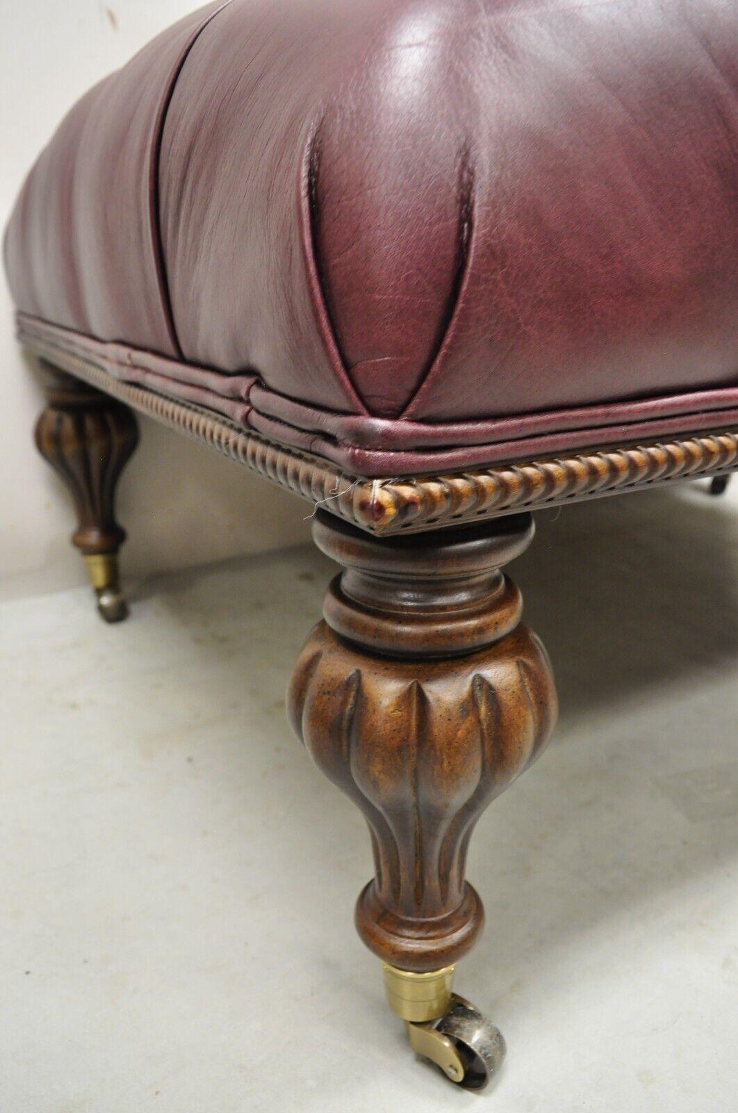 Burgundy Button Tufted Leather English Chesterfield Style Ottoman Footstool 1