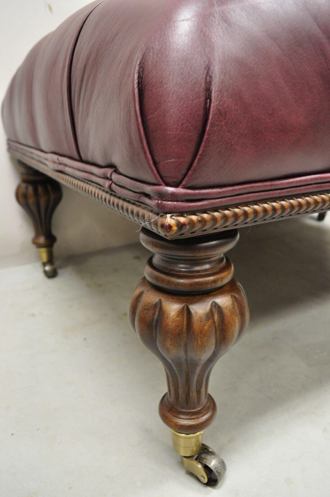 20th Century Burgundy Button Tufted Leather English Chesterfield Style Ottoman Footstool
