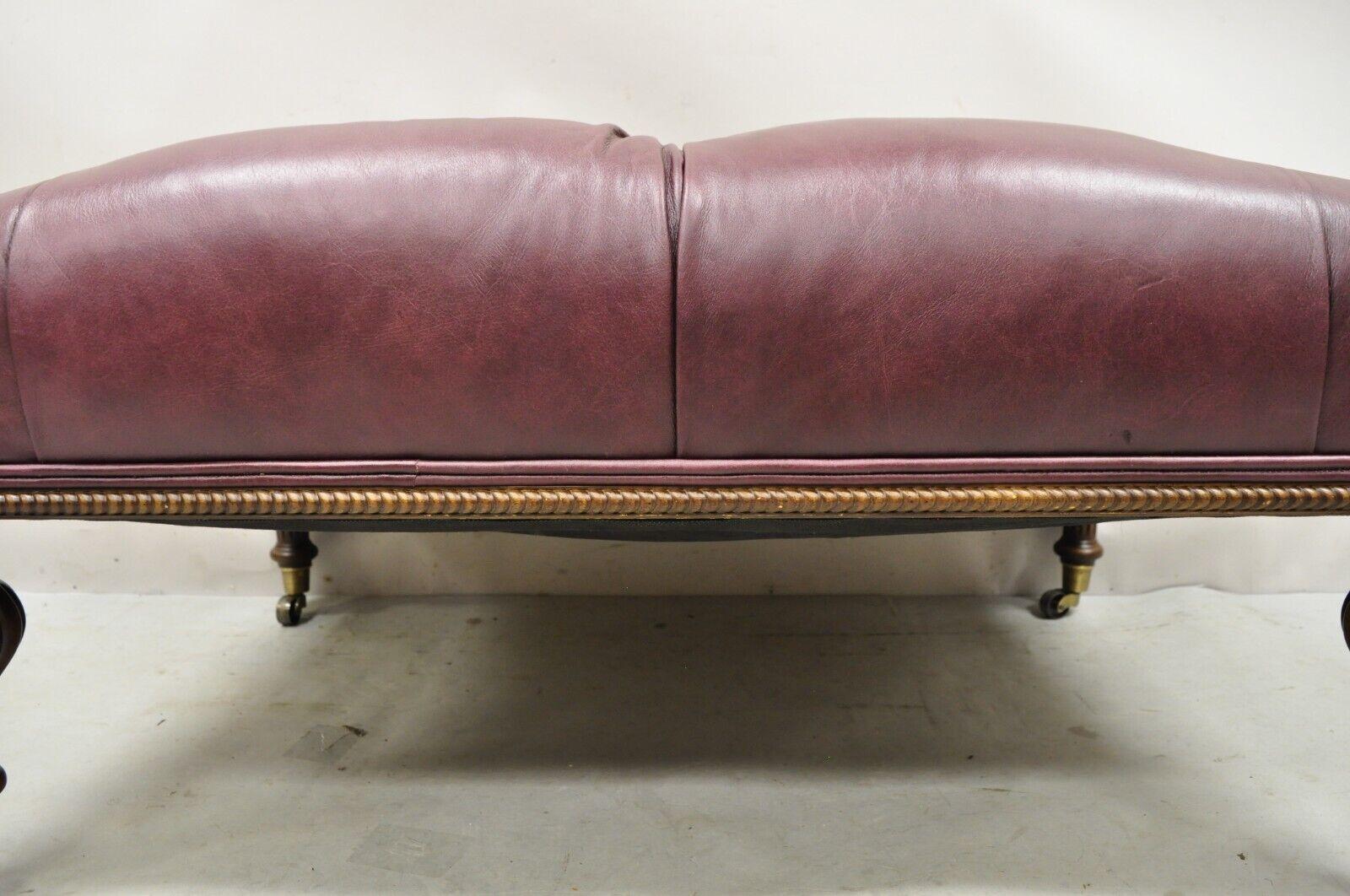 Burgundy Button Tufted Leather English Chesterfield Style Ottoman Footstool 1