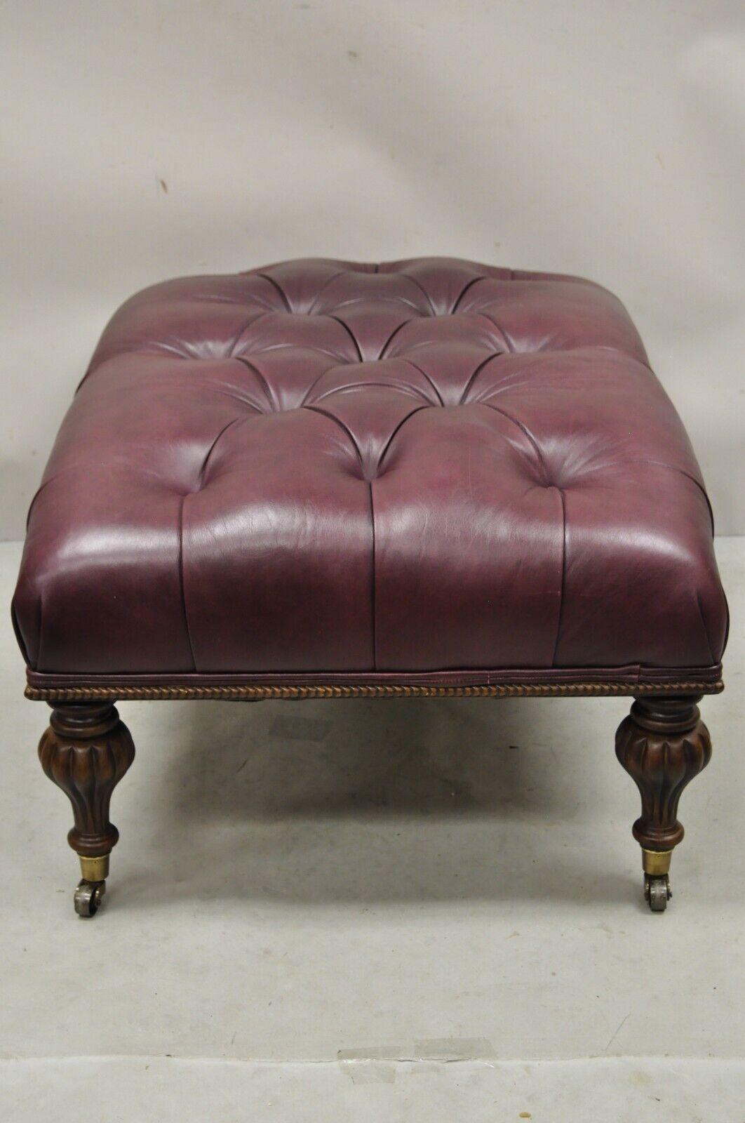 Burgundy Button Tufted Leather English Chesterfield Style Ottoman Footstool 3