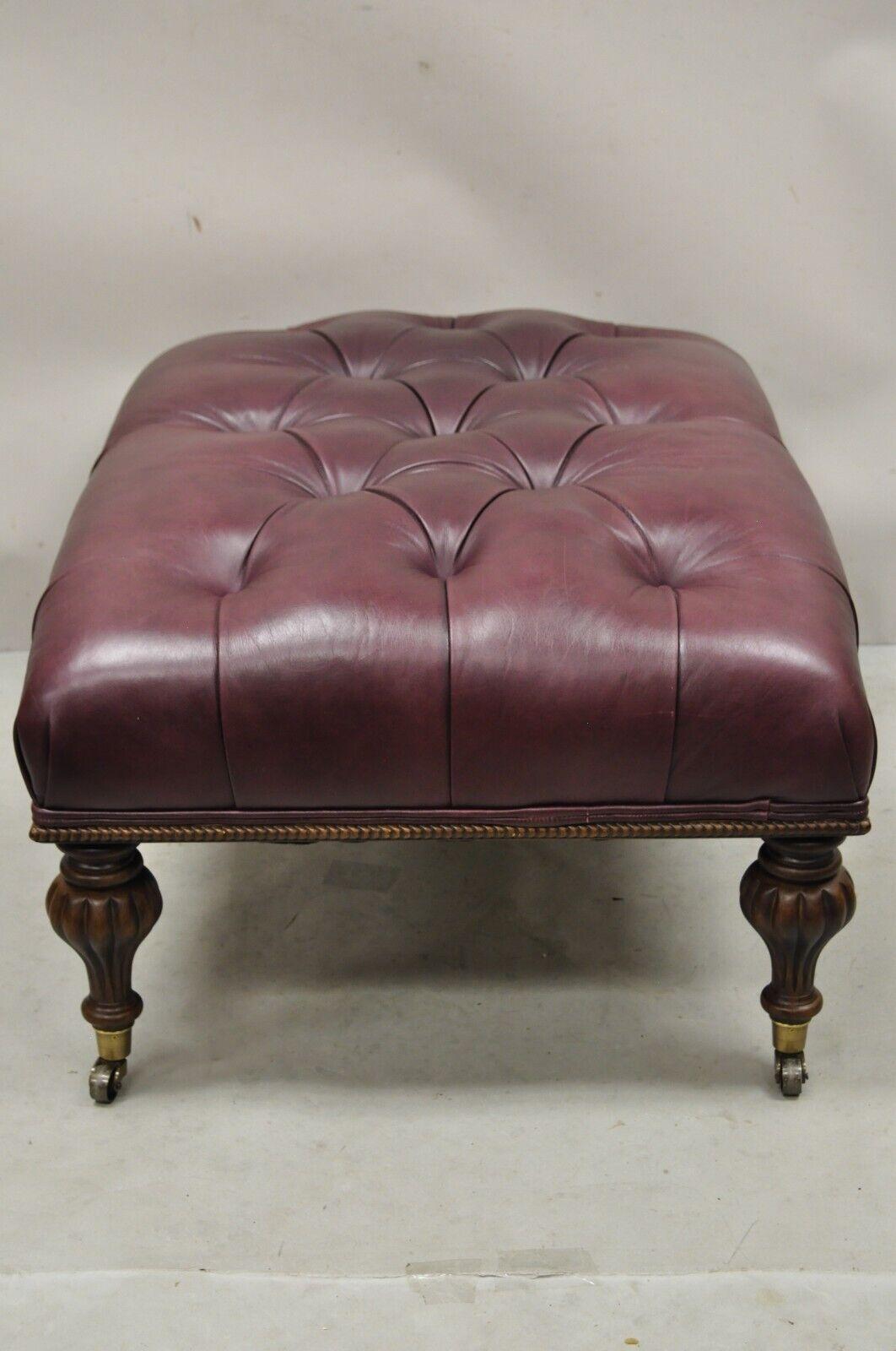 Burgundy Button Tufted Leather English Chesterfield Style Ottoman Footstool 2