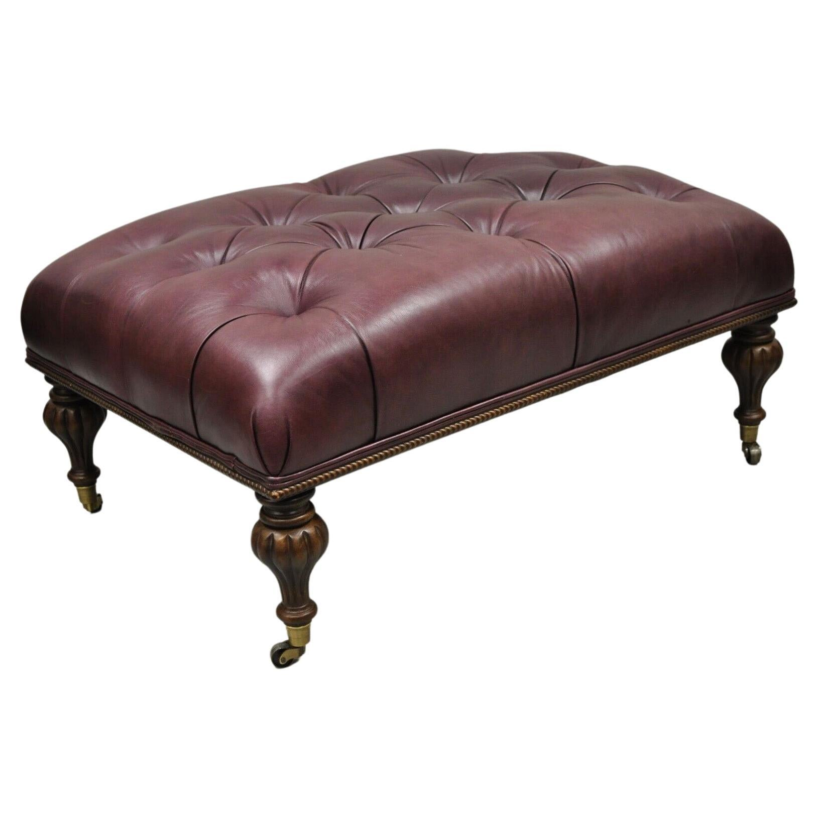 Burgundy Button Tufted Leather English Chesterfield Style Ottoman Footstool