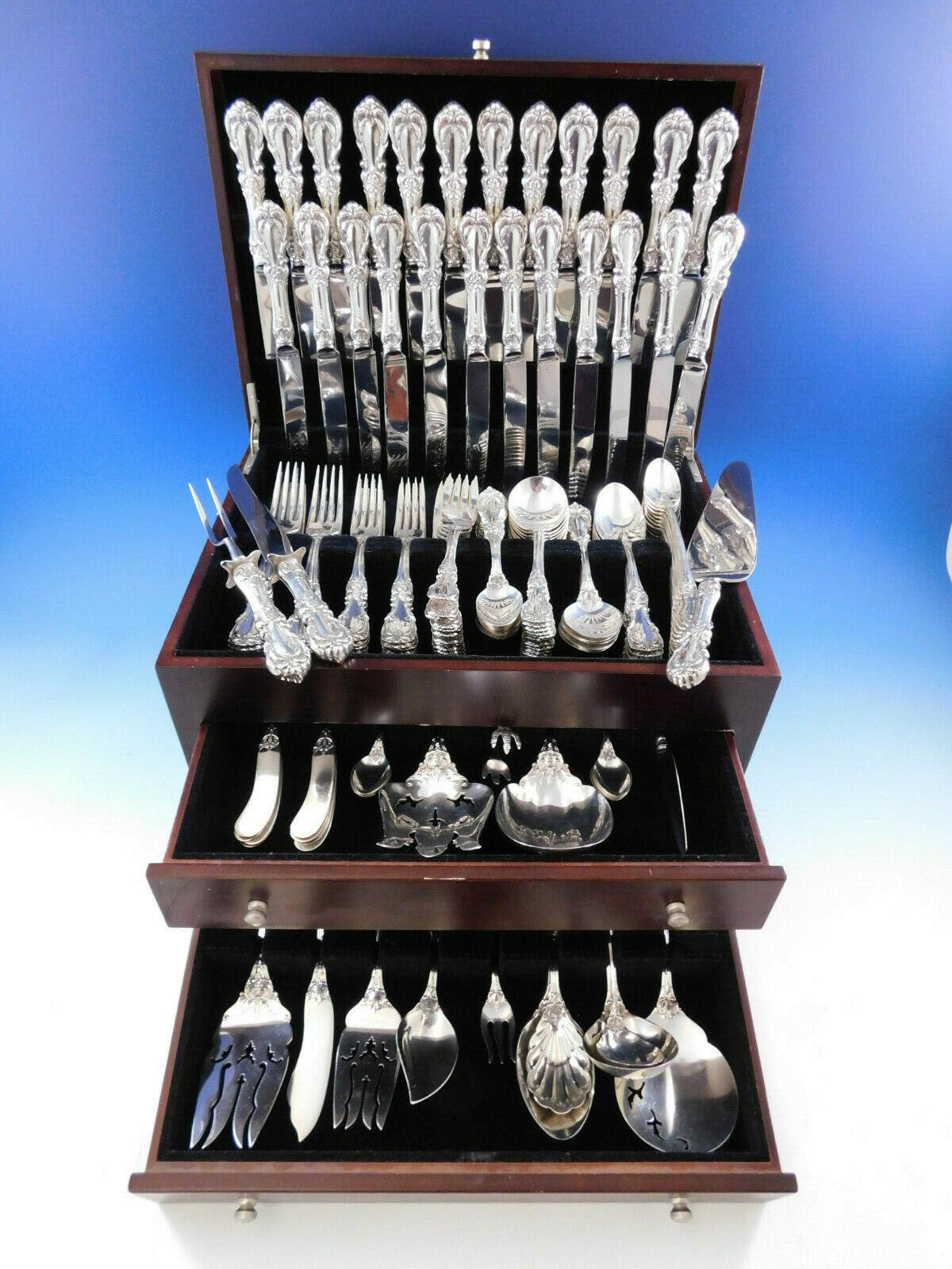 Monumental burgundy by Reed & Barton sterling silver flatware set, 150 pieces. This set includes:

12 dinner size knives, 9 5/8