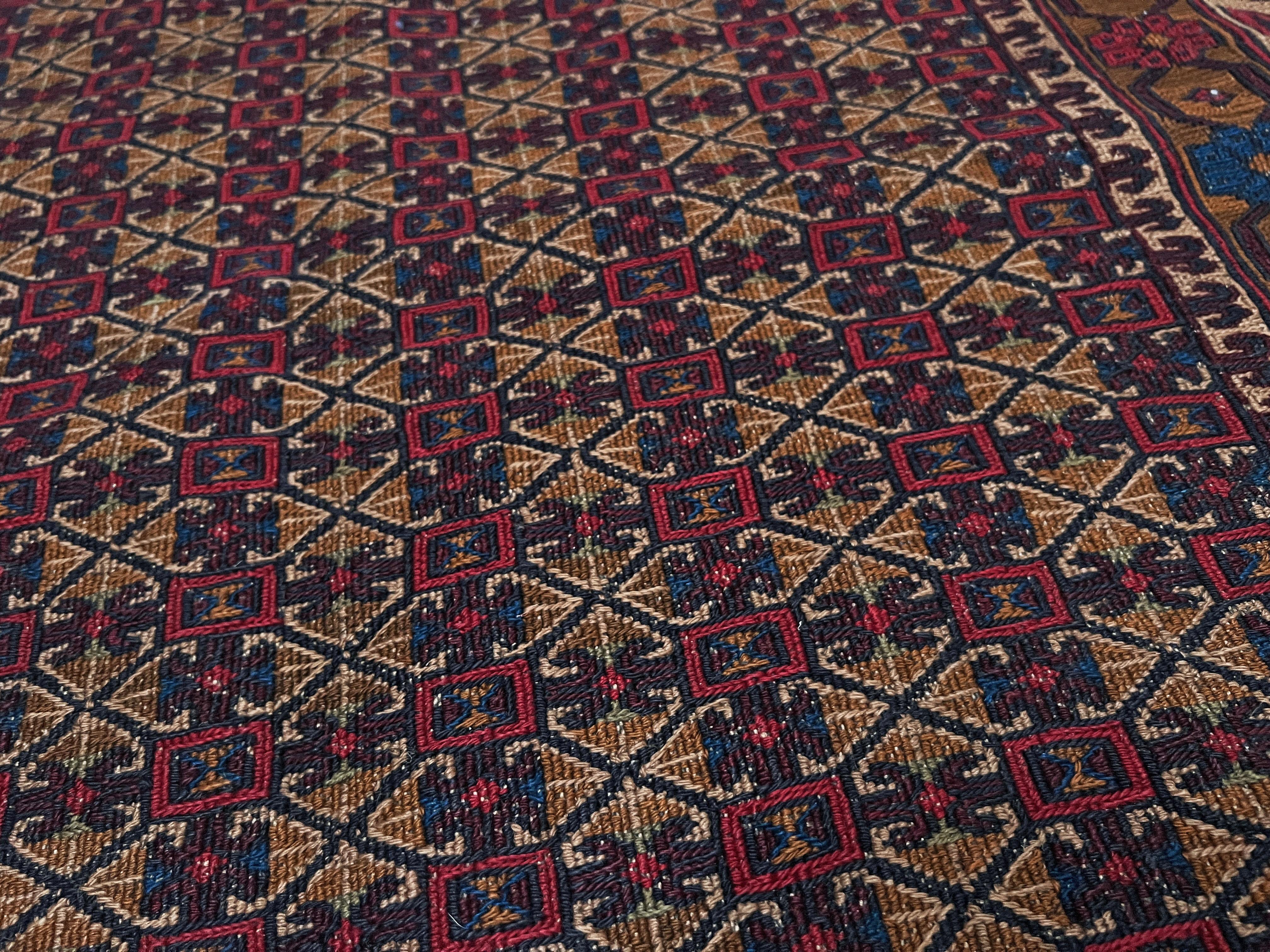 Burgundy & Camel Armenian Soumak • Vintage Caucasian Rug / Wall Art • 1950s For Sale 3