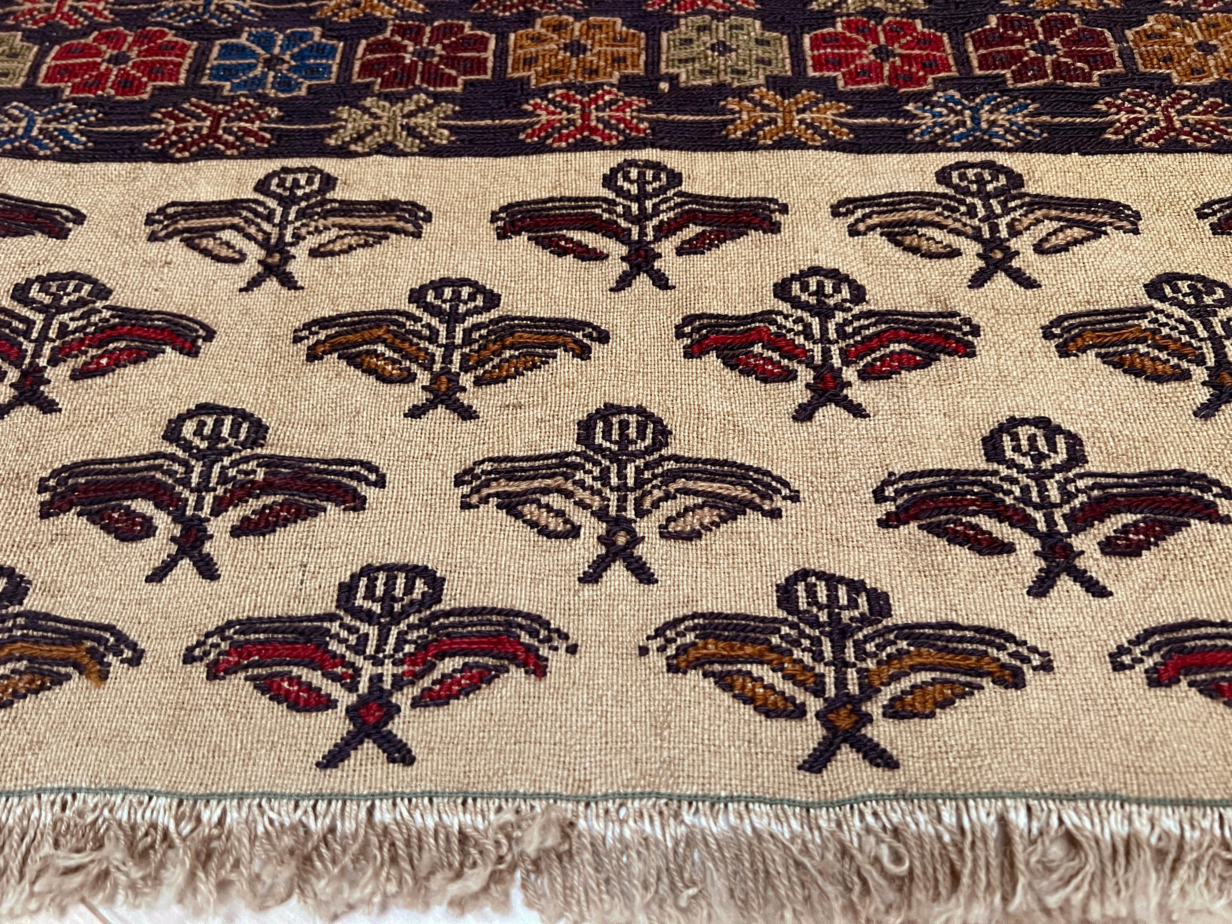 Burgundy & Camel Armenian Soumak • Vintage Caucasian Rug / Wall Art • 1950s For Sale 4