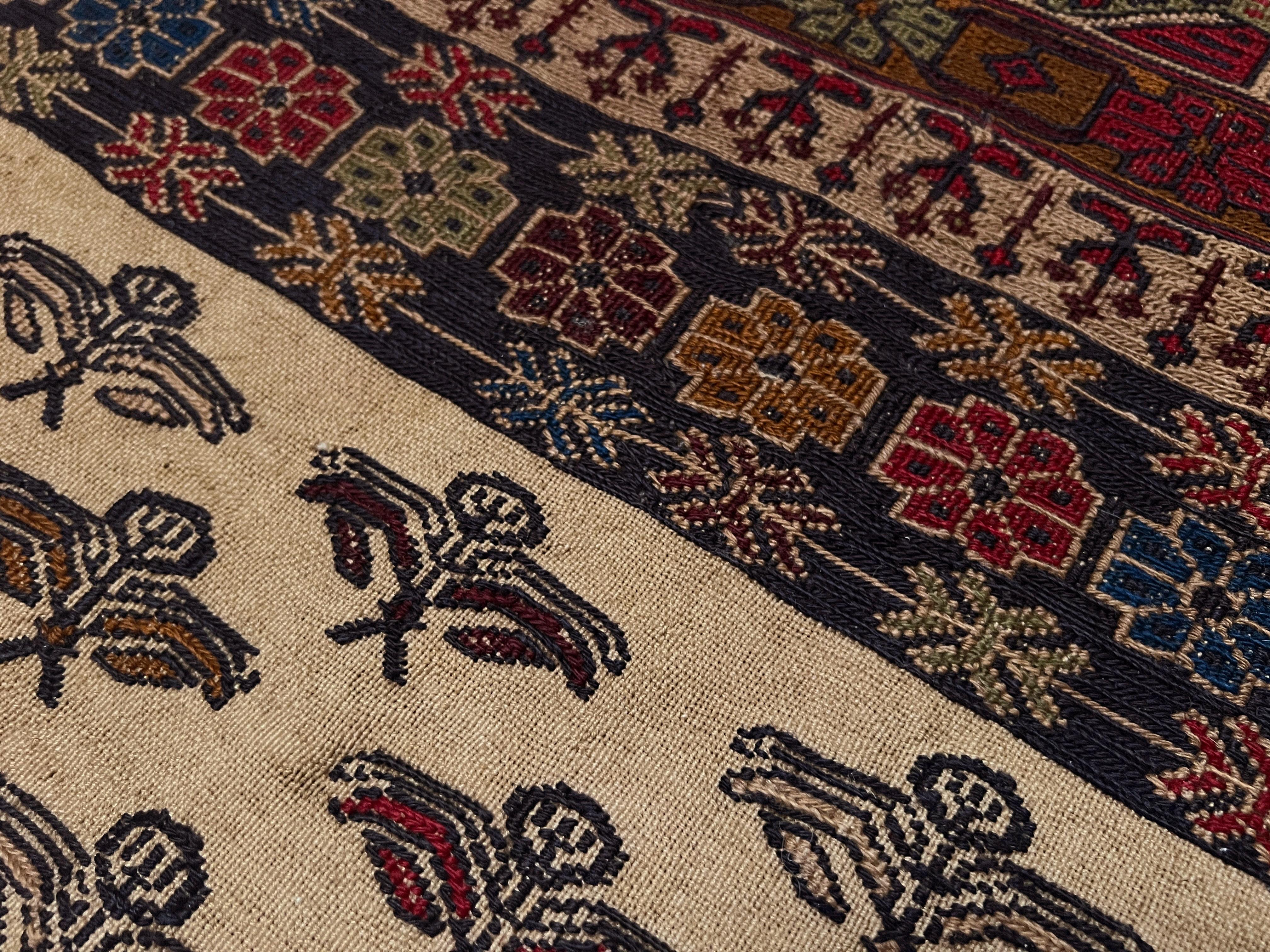 Burgundy & Camel Armenian Soumak • Vintage Caucasian Rug / Wall Art • 1950s For Sale 5