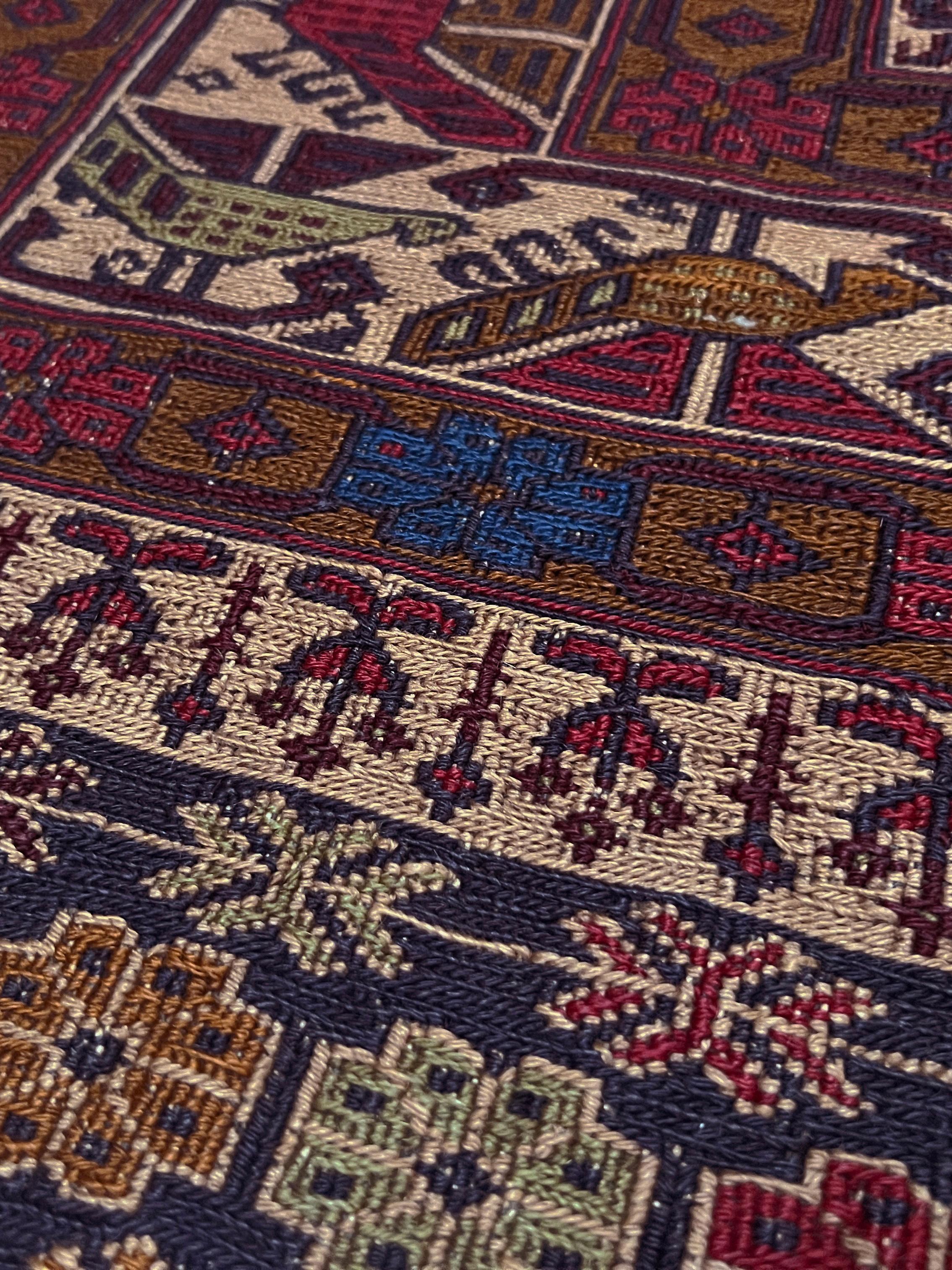 Burgundy & Camel Armenian Soumak • Vintage Caucasian Rug / Wall Art • 1950s For Sale 6