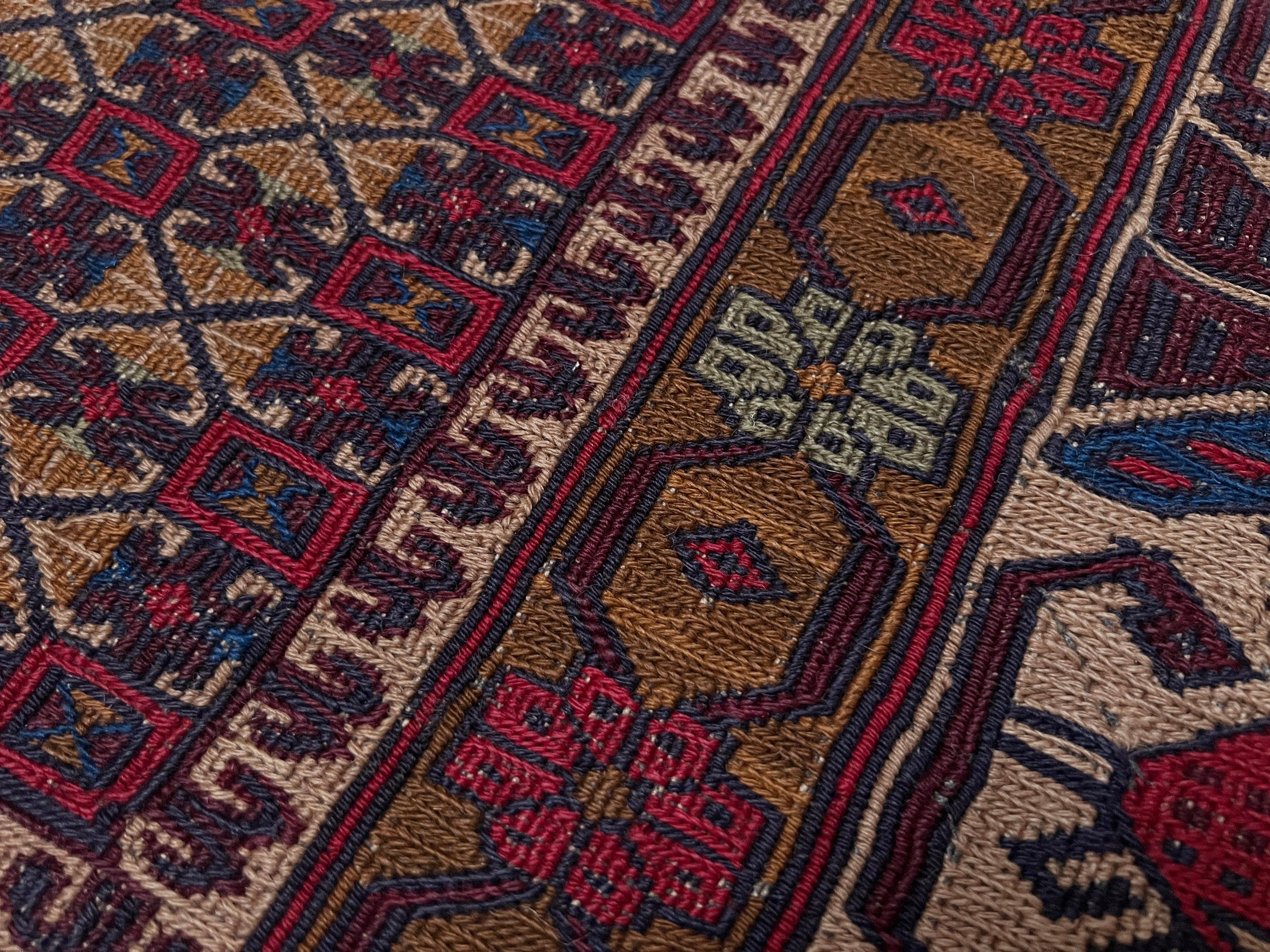 Burgundy & Camel Armenian Soumak • Vintage Caucasian Rug / Wall Art • 1950s For Sale 7