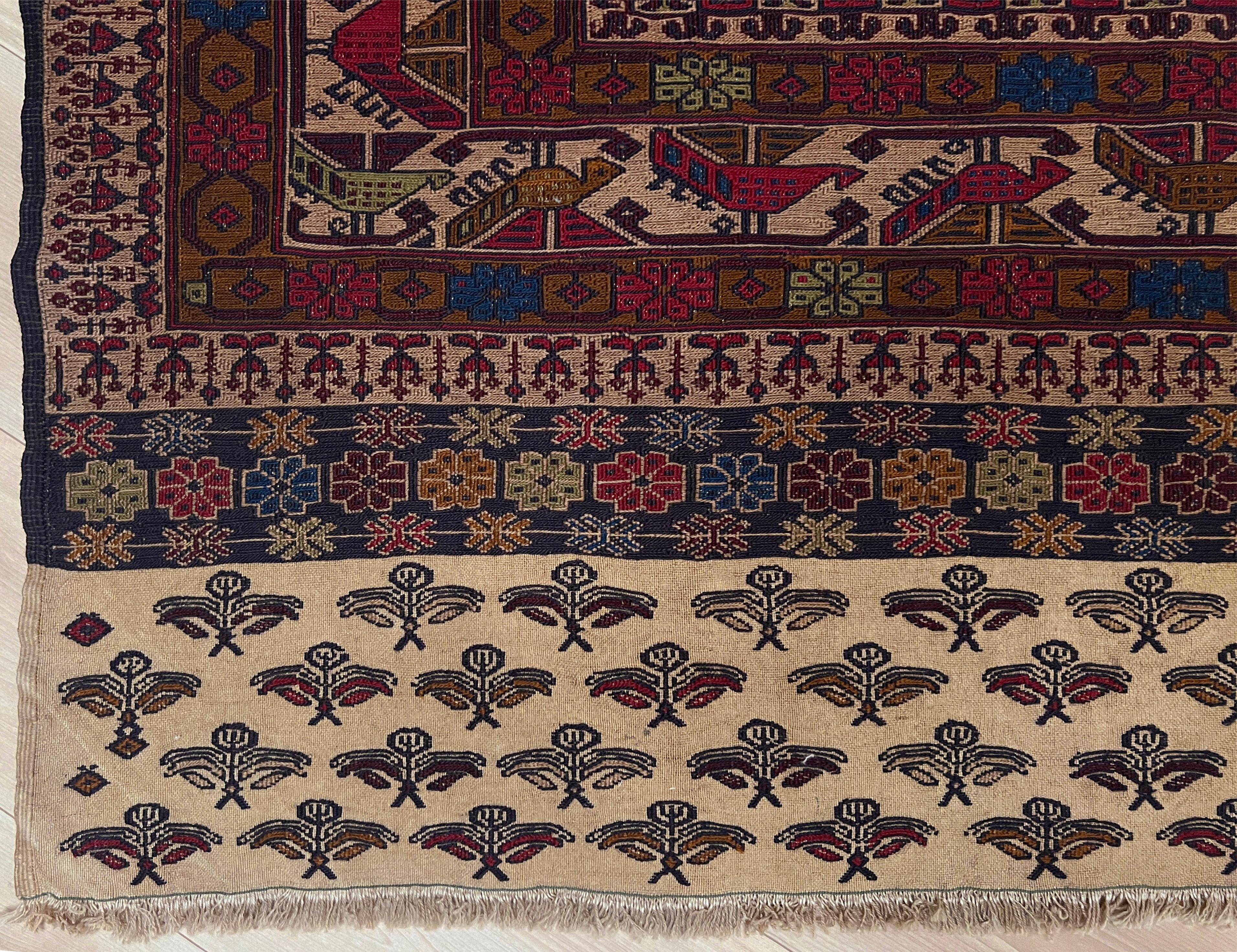 Burgundy & Camel Armenian Soumak • Vintage Caucasian Rug / Wall Art • 1950s For Sale 8
