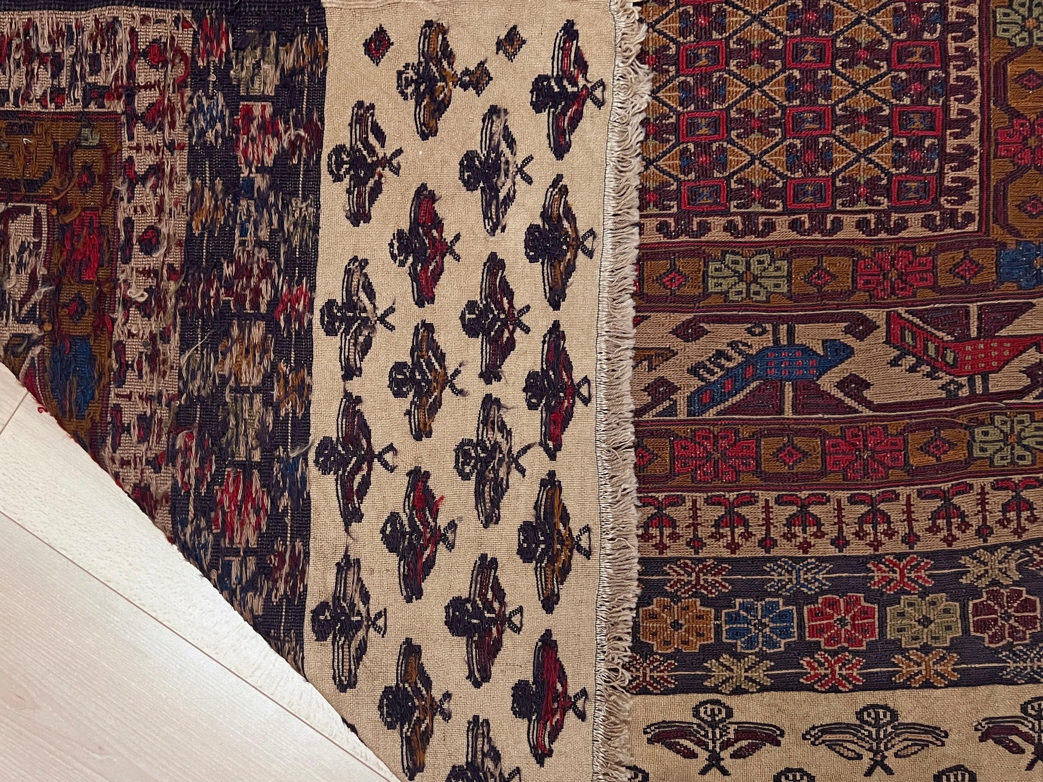 Burgundy & Camel Armenian Soumak • Vintage Caucasian Rug / Wall Art • 1950s For Sale 9