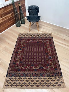 Burgundy & Camel Armenian Soumak • Vintage Caucasian Rug / Wall Art • 1950s