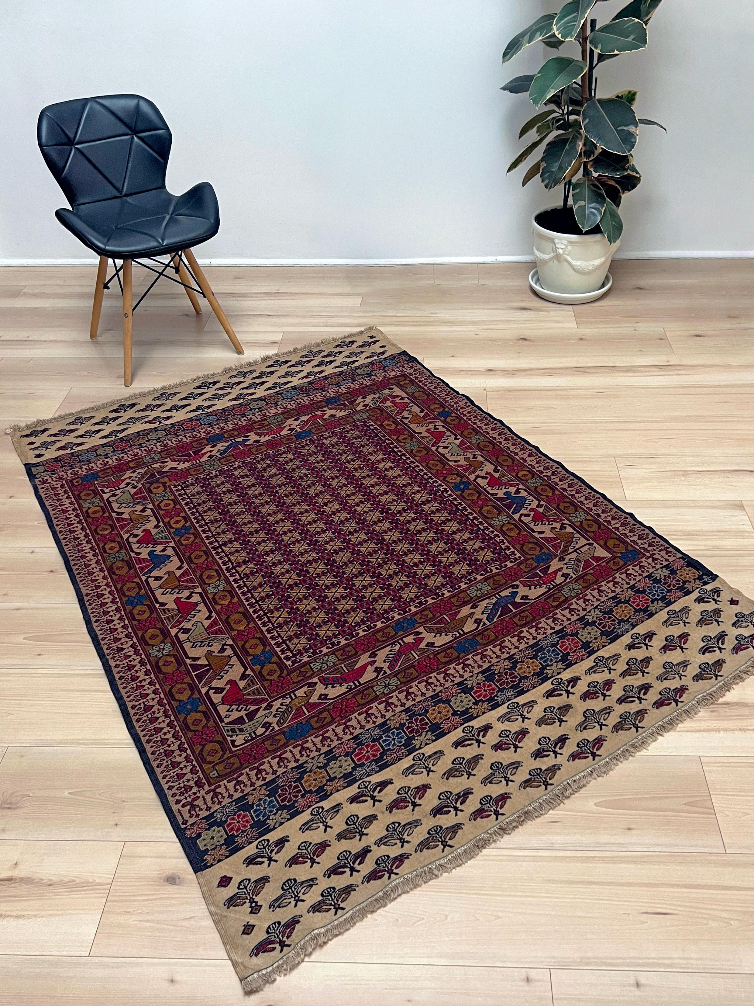 Bohemian Burgundy & Camel Armenian Soumak • Vintage Caucasian Rug / Wall Art • 1950s For Sale