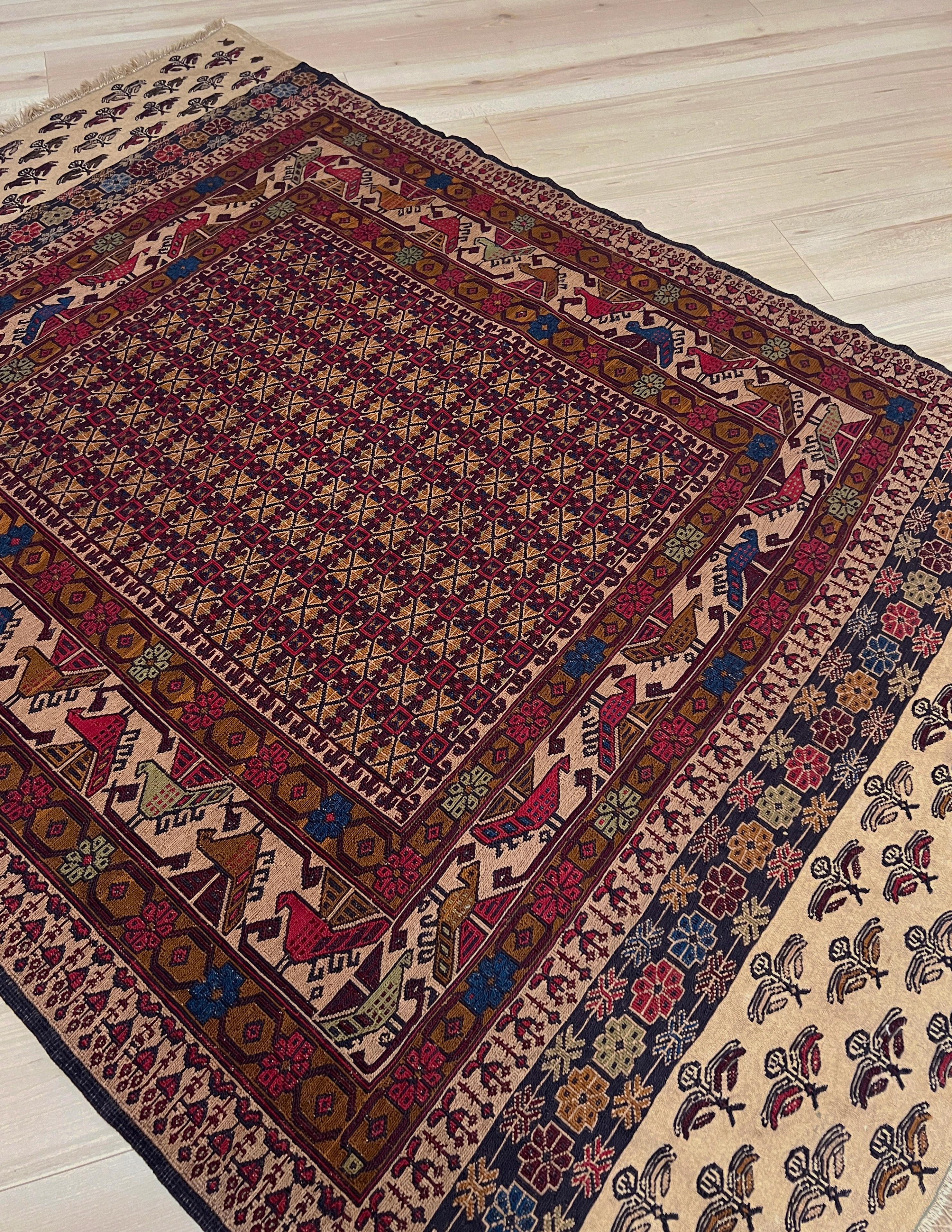 Hand-Woven Burgundy & Camel Armenian Soumak • Vintage Caucasian Rug / Wall Art • 1950s For Sale