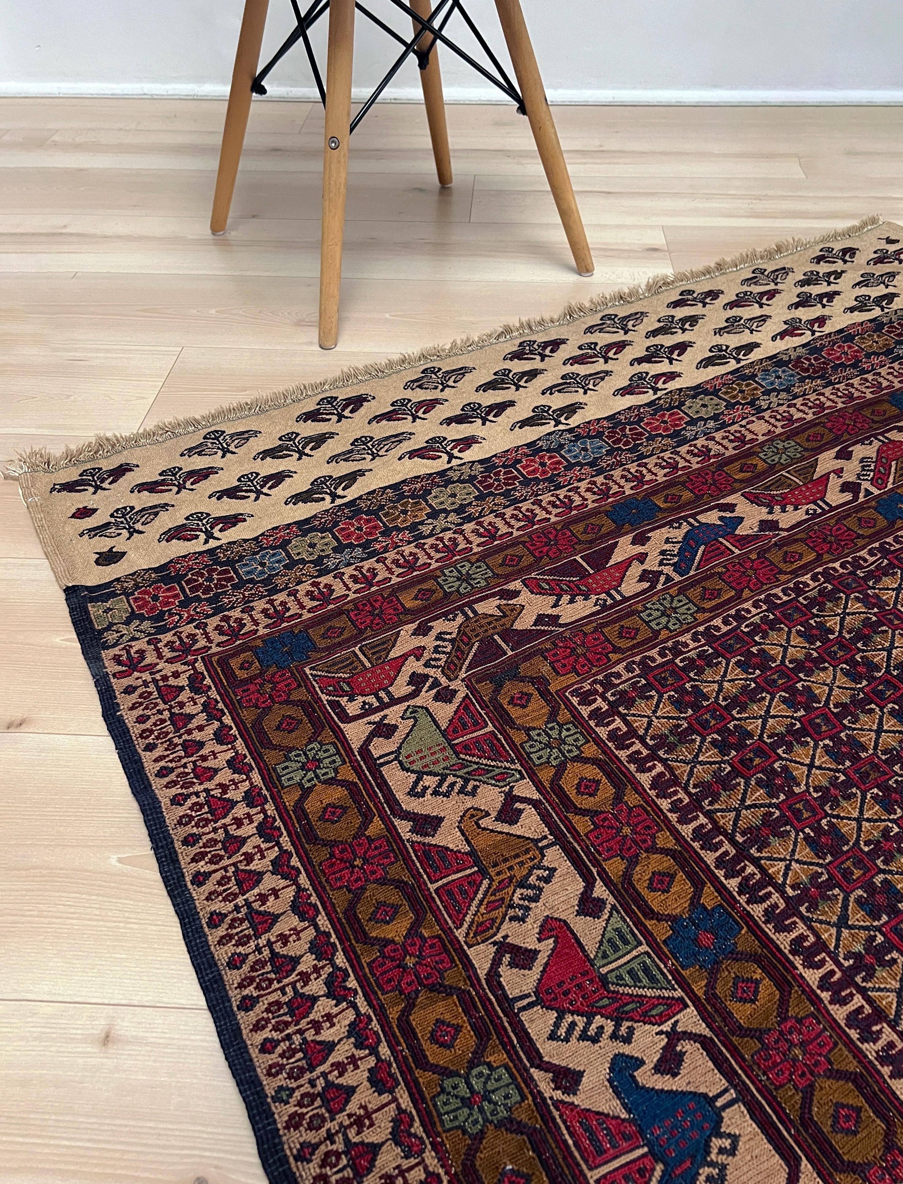 Burgundy & Camel Armenian Soumak • Vintage Caucasian Rug / Wall Art • 1950s In Good Condition For Sale In Burlingame, CA