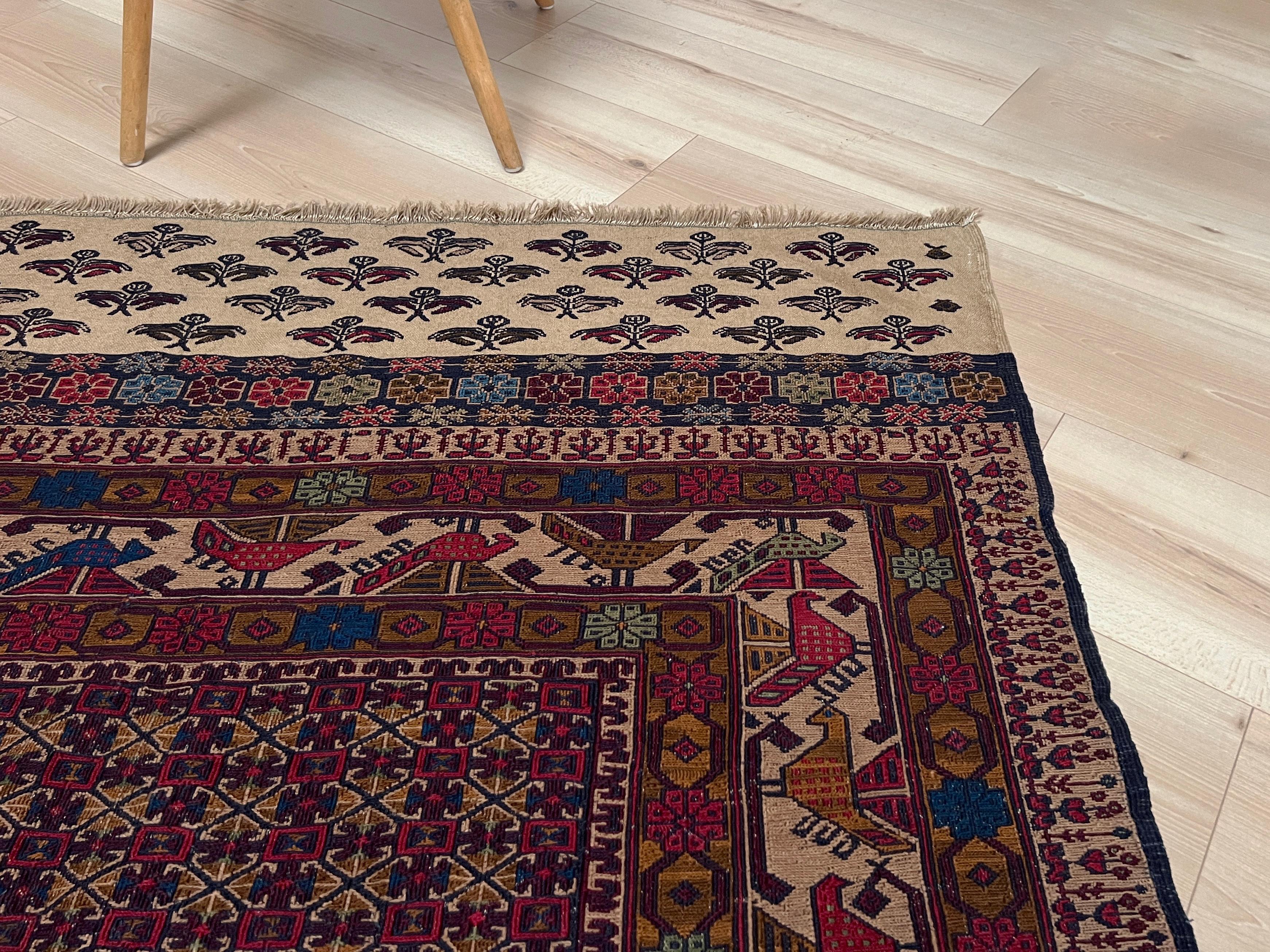 Mid-20th Century Burgundy & Camel Armenian Soumak • Vintage Caucasian Rug / Wall Art • 1950s For Sale