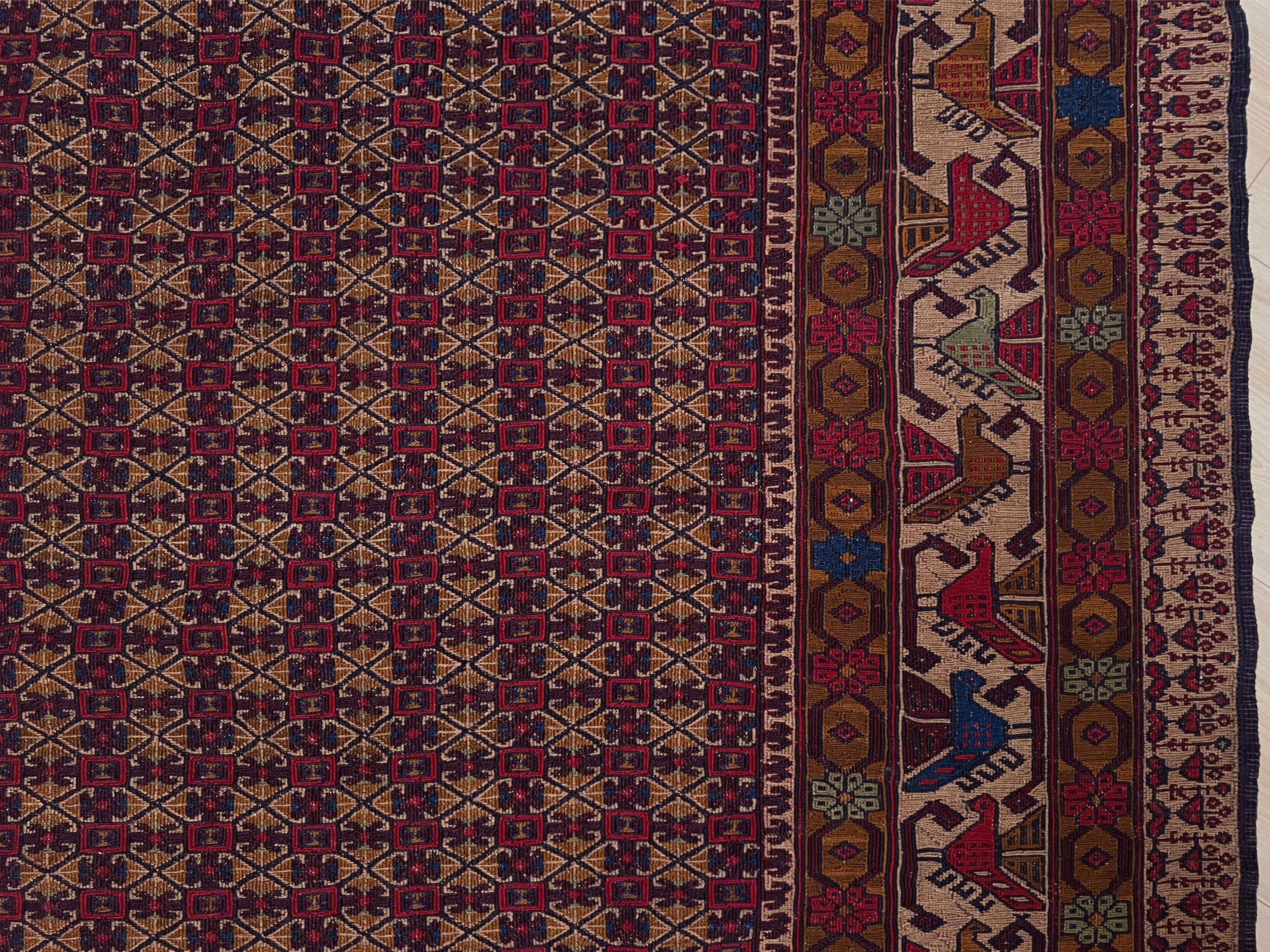 Wool Burgundy & Camel Armenian Soumak • Vintage Caucasian Rug / Wall Art • 1950s For Sale
