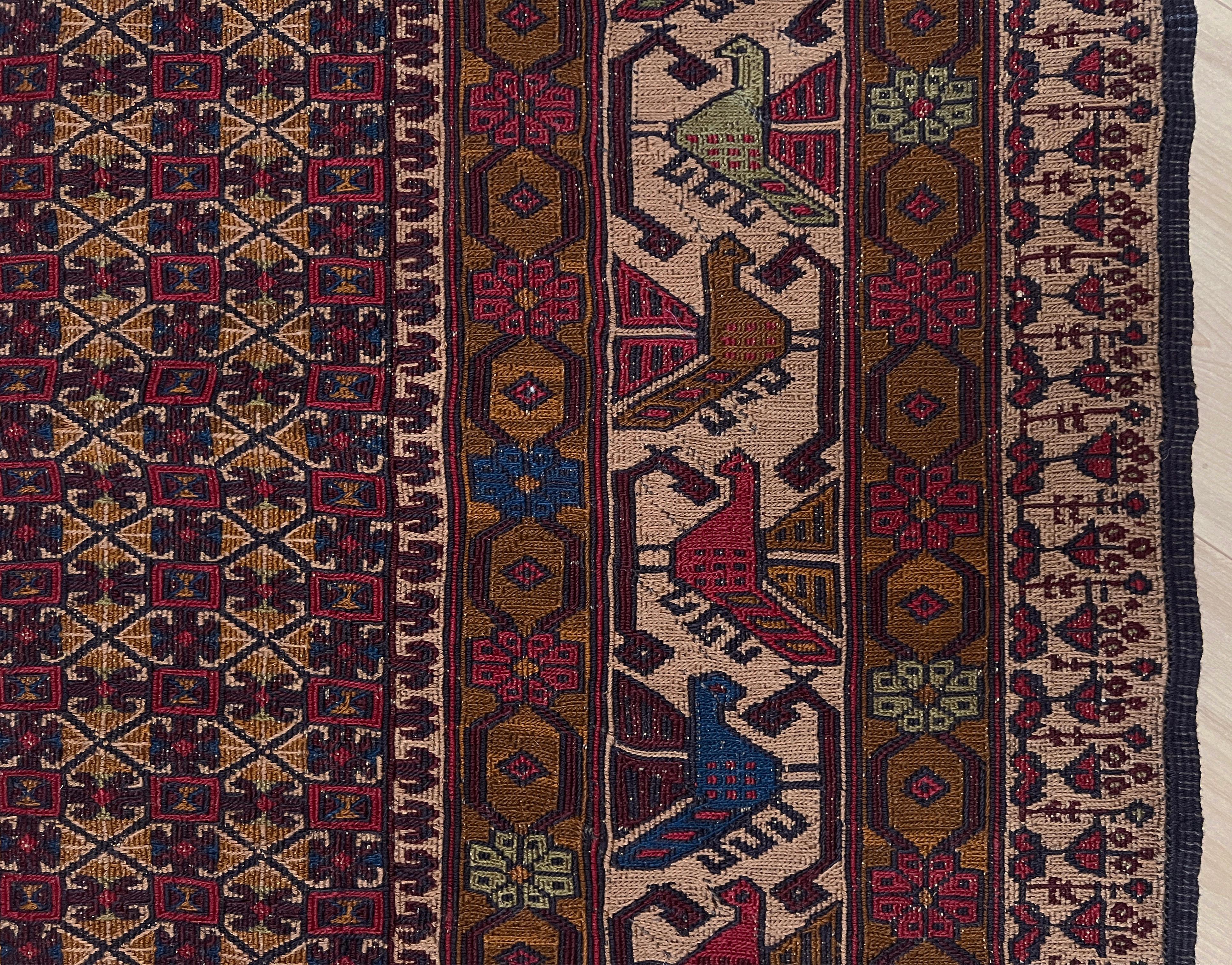 Burgundy & Camel Armenian Soumak • Vintage Caucasian Rug / Wall Art • 1950s For Sale 1