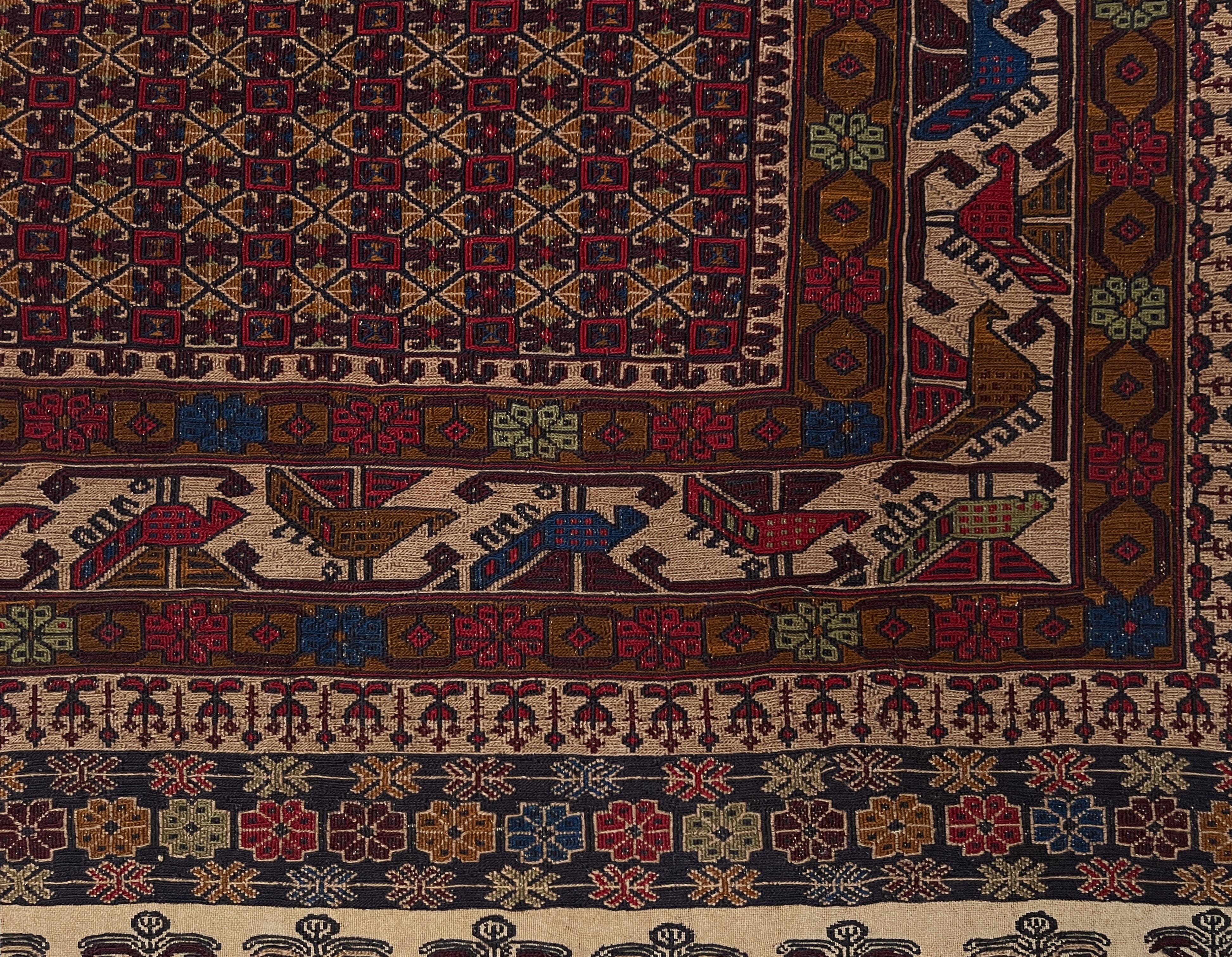 Burgundy & Camel Armenian Soumak • Vintage Caucasian Rug / Wall Art • 1950s For Sale 2