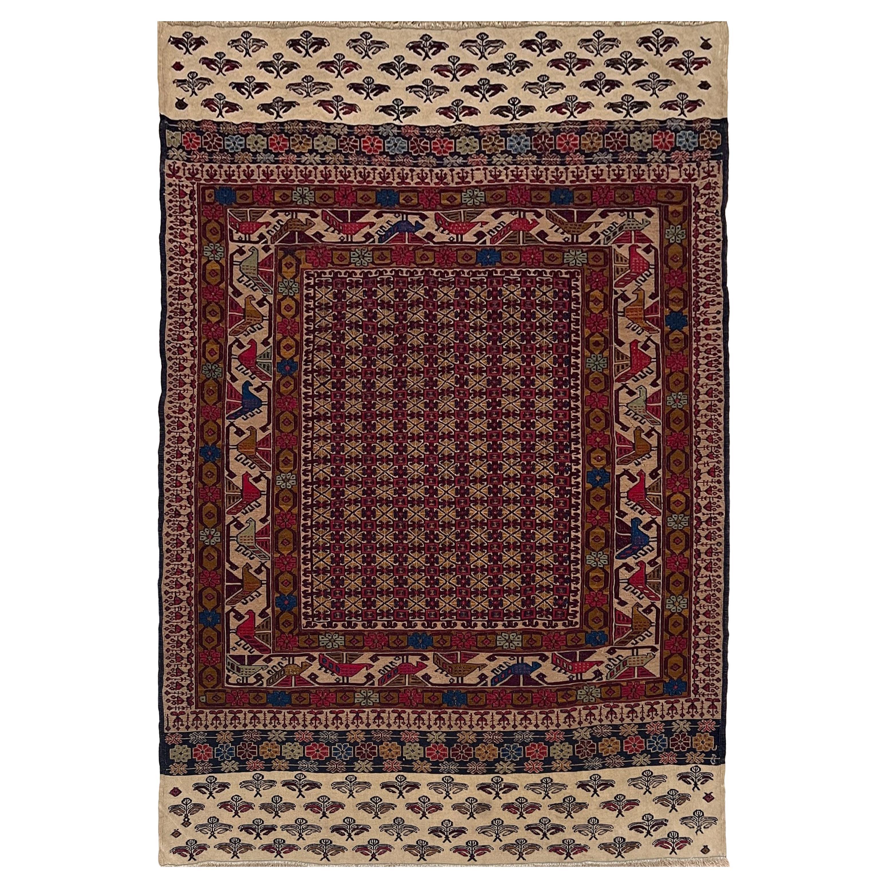 Burgundy 
Camel Armenian Soumak • Vintage Caucasian Rug / Wall Art • 1950s For Sale