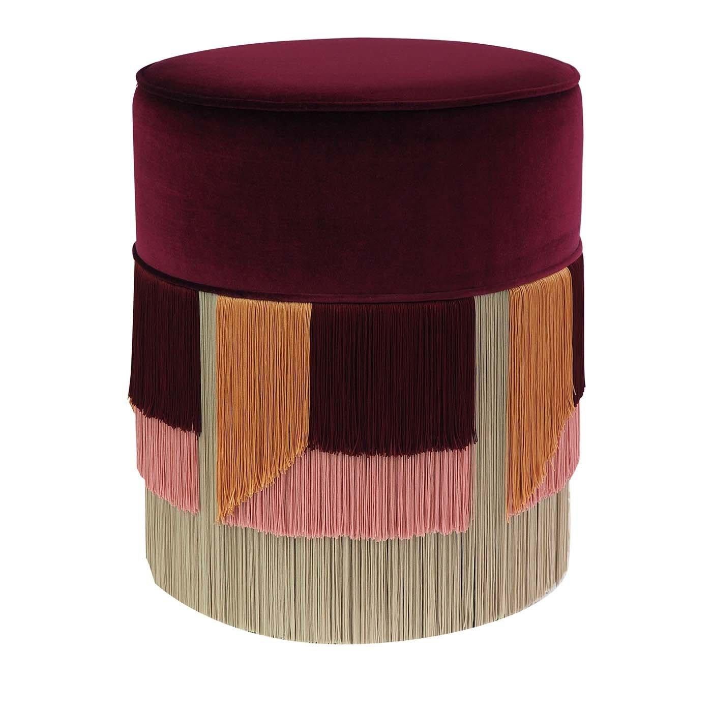 Burgundy Cylinder Wood Ottoman with Velvet Upholstery by Lorenza Bozzoli Couture In New Condition For Sale In Milan, IT
