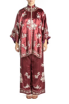 Burgundy Embroidered Silk Pajamas