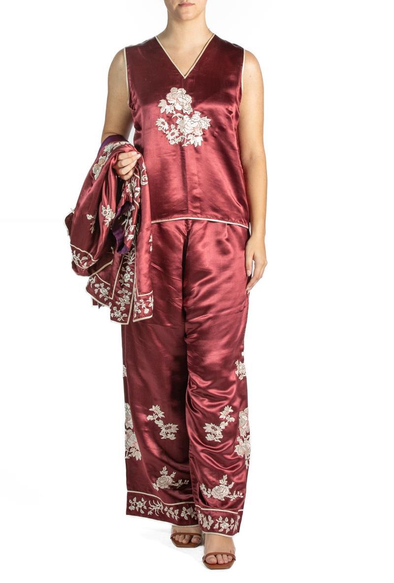 Brown Burgundy Embroidered Silk Pajamas For Sale