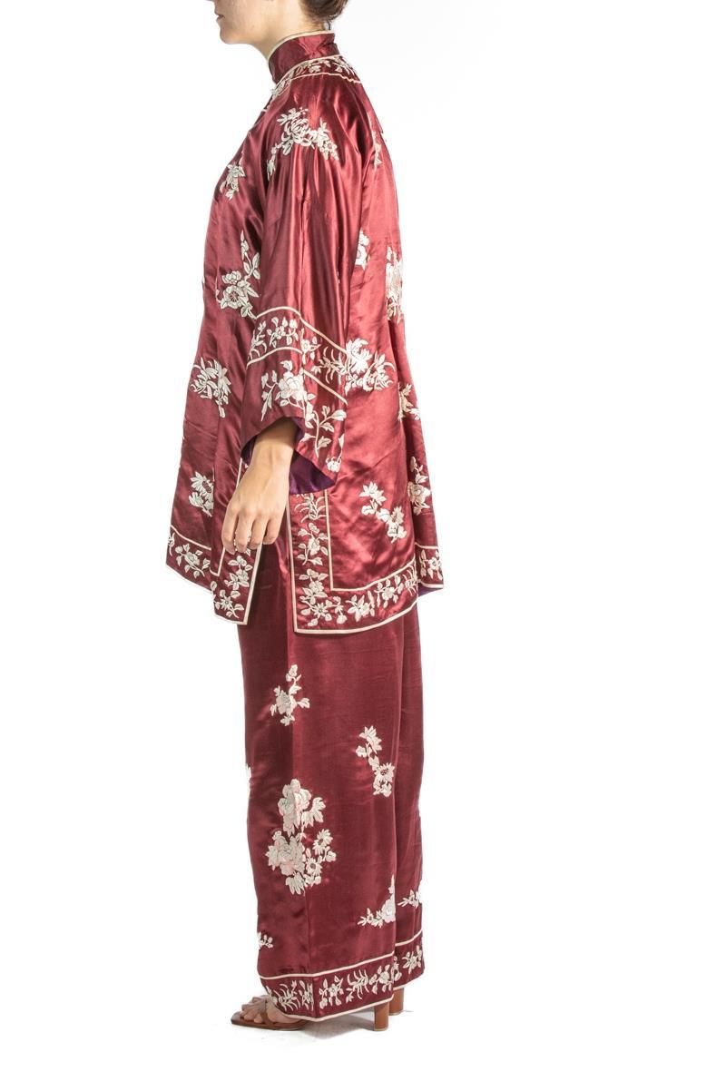 Burgundy Embroidered Silk Pajamas In Excellent Condition For Sale In New York, NY