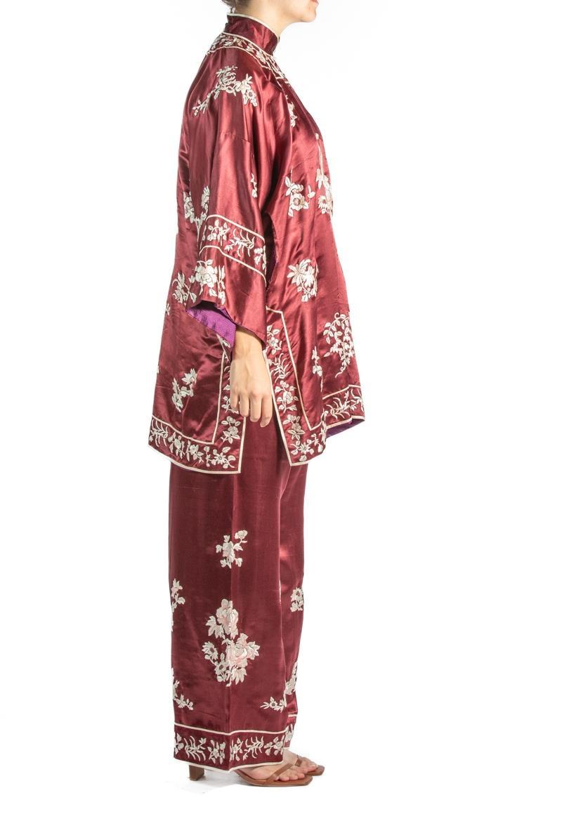Women's Burgundy Embroidered Silk Pajamas For Sale