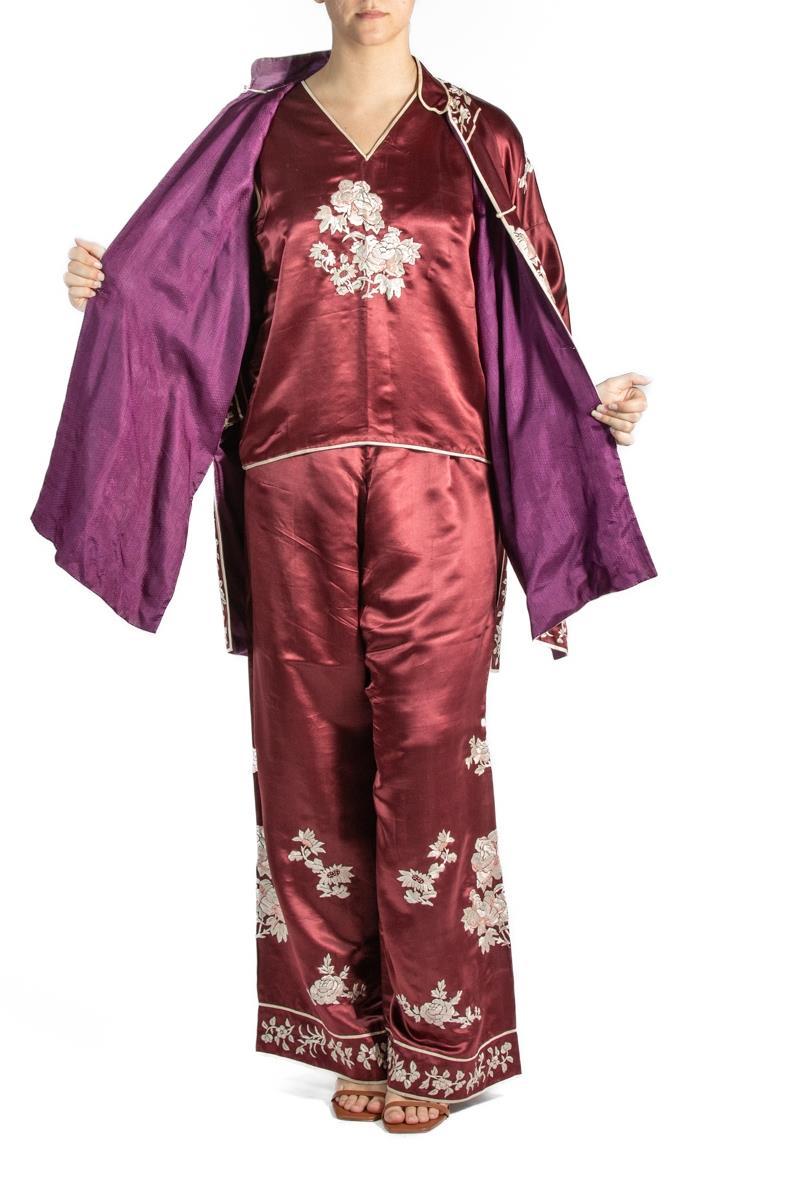 Burgundy Embroidered Silk Pajamas For Sale 1