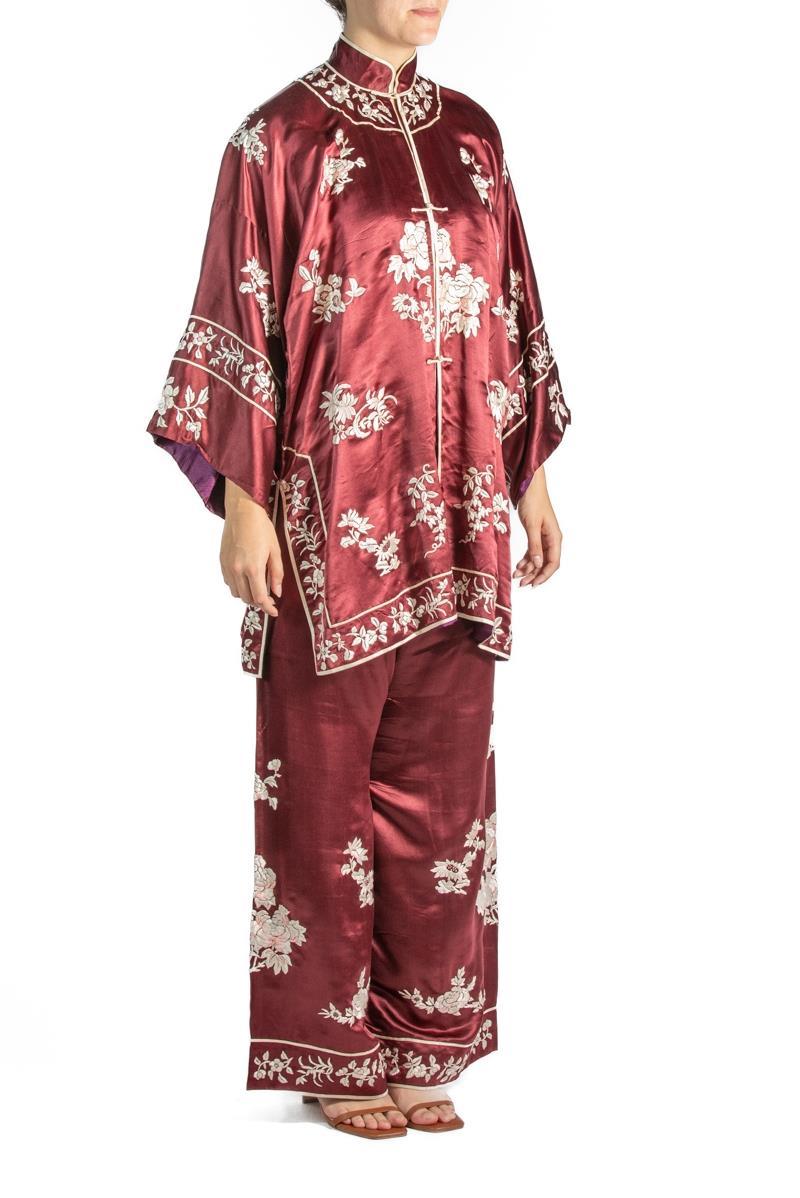 Burgundy Embroidered Silk Pajamas For Sale 2