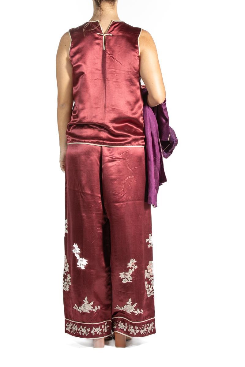 Burgundy Embroidered Silk Pajamas For Sale 3