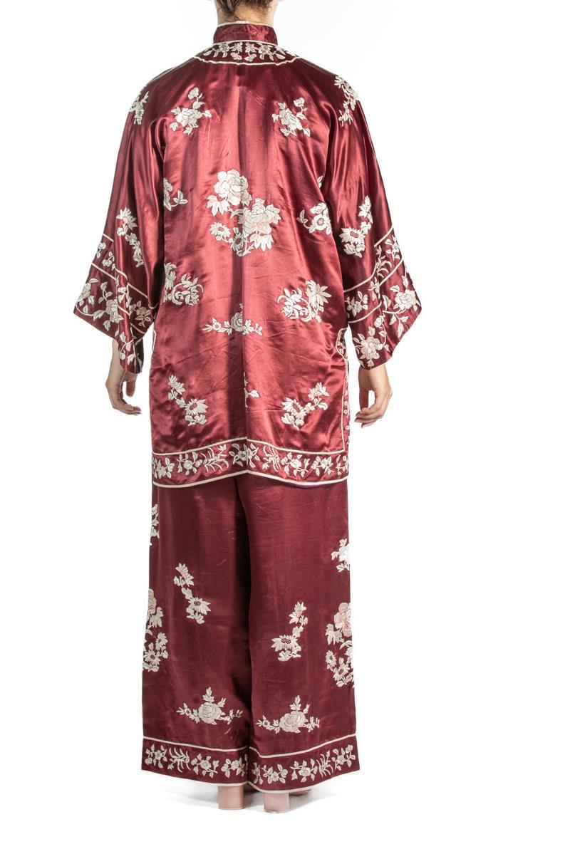 Burgundy Embroidered Silk Pajamas For Sale 4