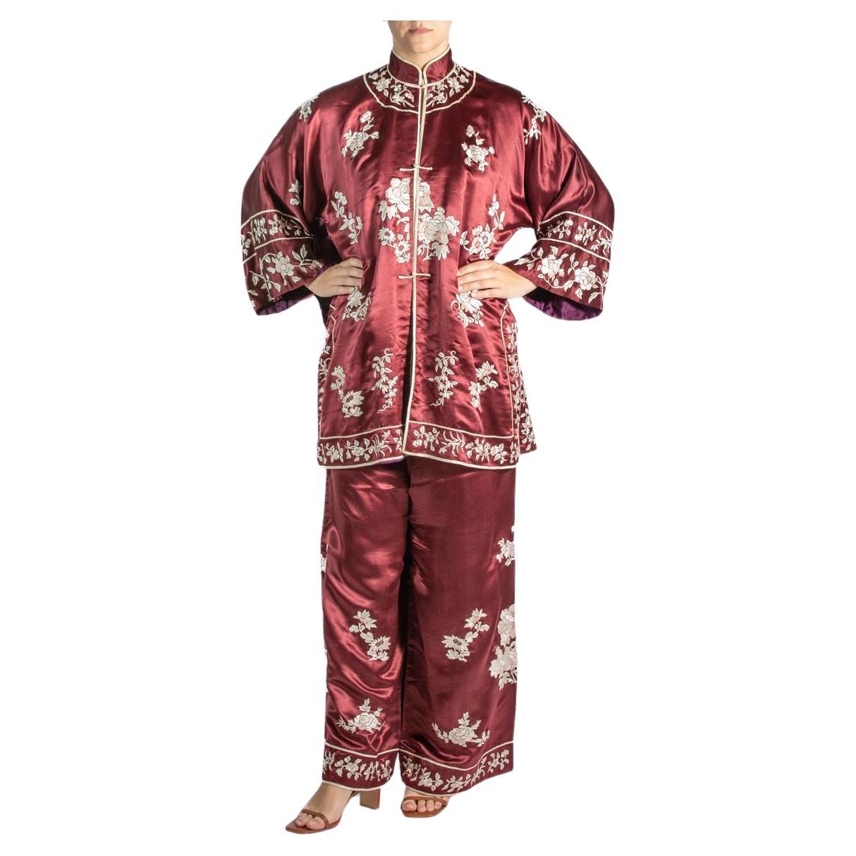 Burgundy Embroidered Silk Pajamas For Sale