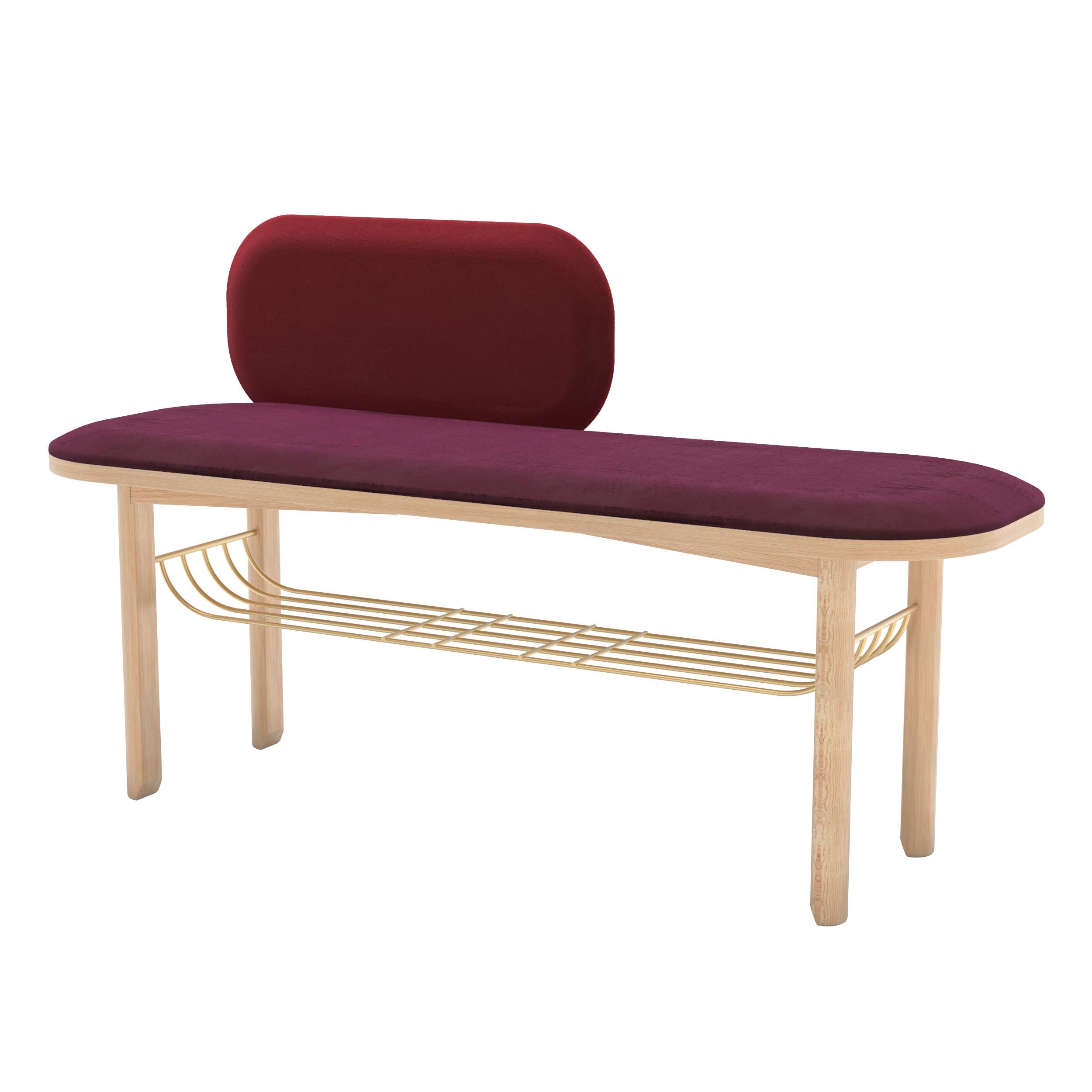Banco Eustache Borgoña Roble Natural by HARTO
Dimensiones: An 120 x Pr 40 x Al 74 cm. 
Materiales: Madera maciza, MDF chapado en madera, Terciopelo, Metal, Espuma.
Peso: 24.5 kg

El banco Eustache es tan práctico como elegante, con su terciopelo de