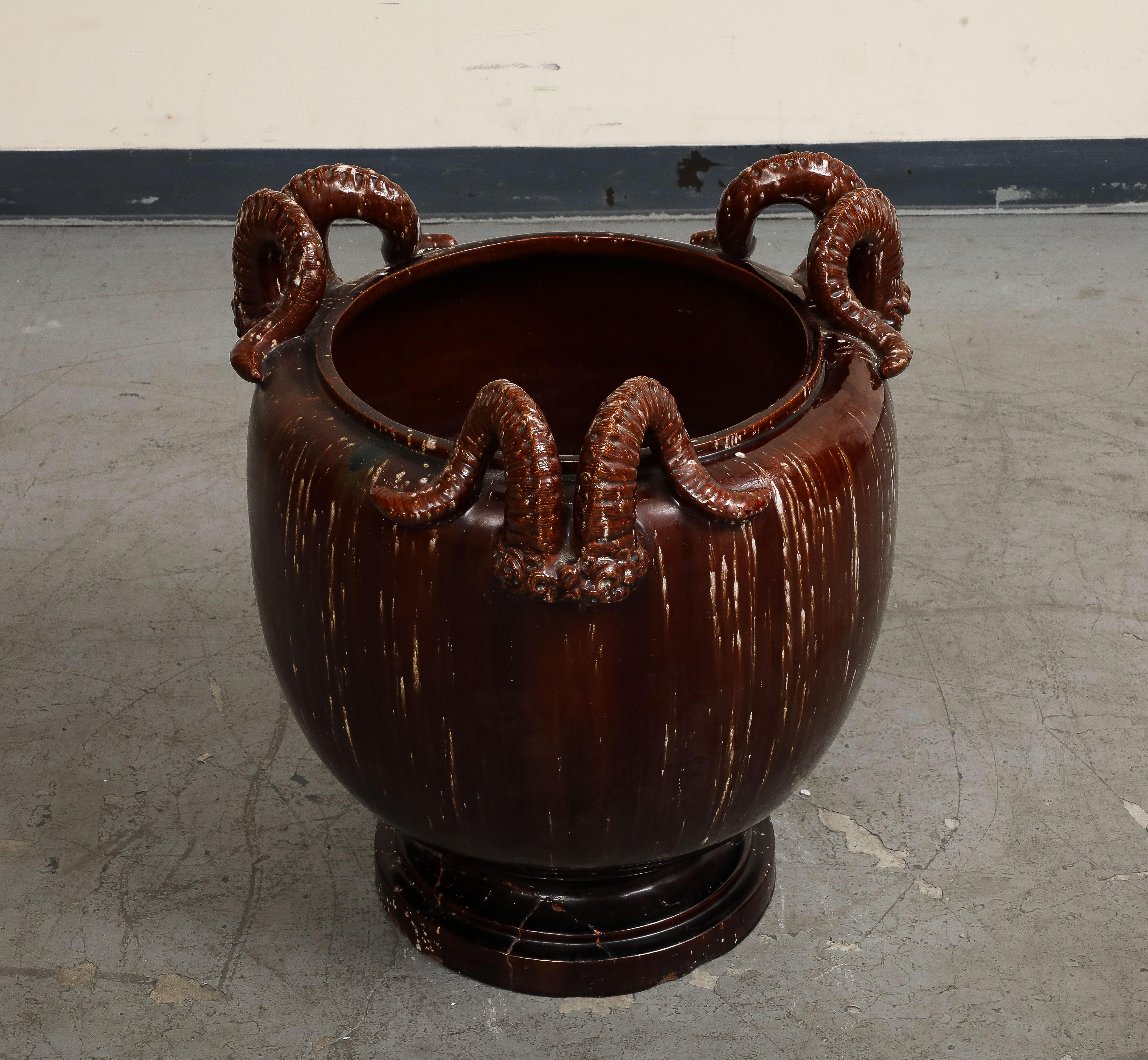 Burgundy Glazed Chinese Pottery Jardiniere with Ram's Horns For Sale 2