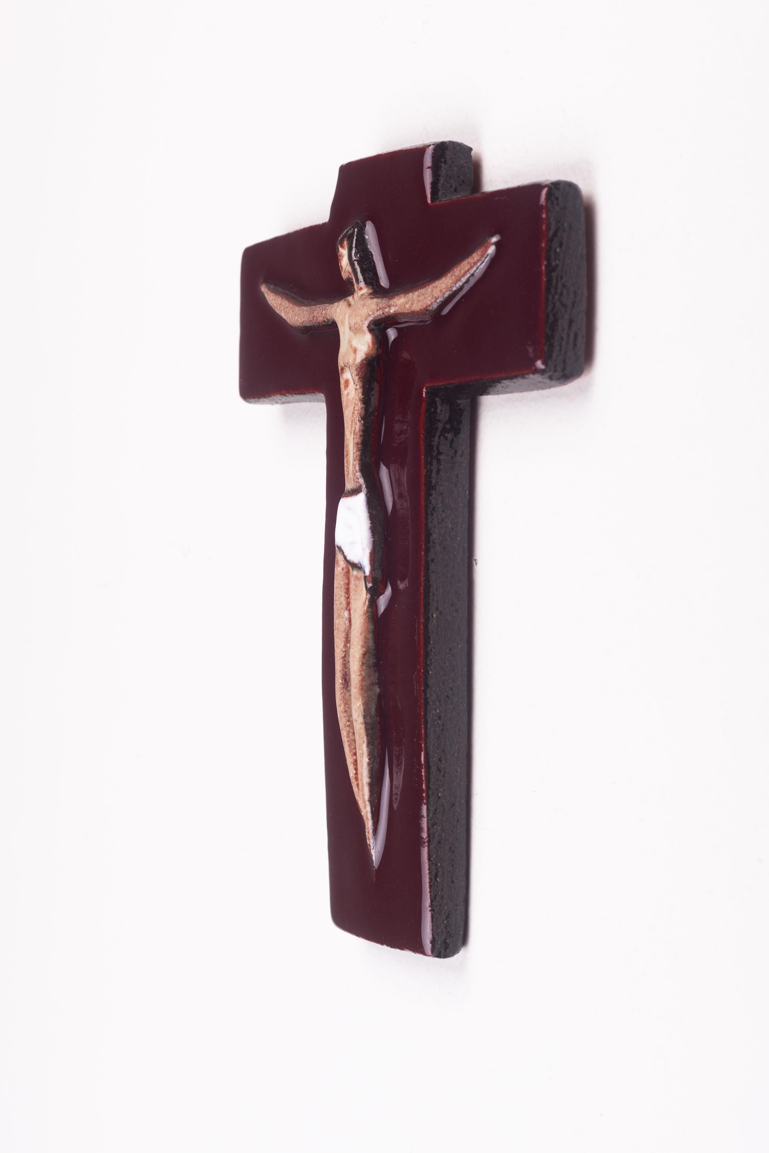 Burgundy Glossy Ceramic Cross Religious Wall Art In Good Condition For Sale In Chicago, IL