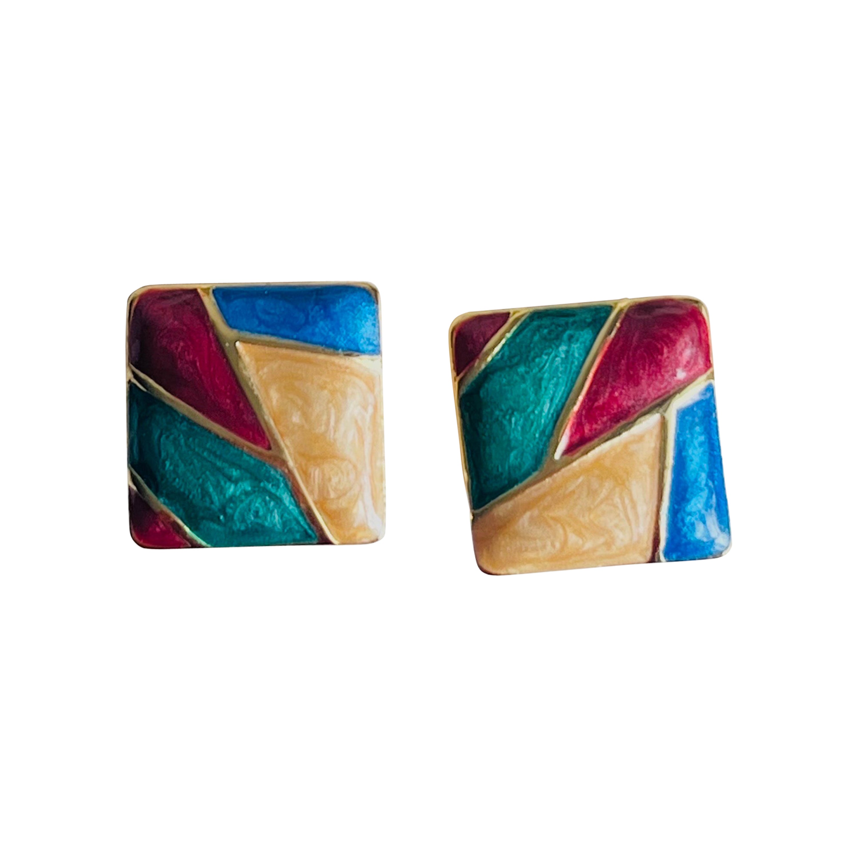 Burgundy Green Navy Brown Square Enamel Patchwork Modernist Clip Earrings, Gold Tone, Swarovski Element

The cost is very high. 100% handmade. Excellent gift for lady. Fine handcraft.

Material: Gold plated metal, Enamel.

Size: 1.8*1.8 cm.

Weight: