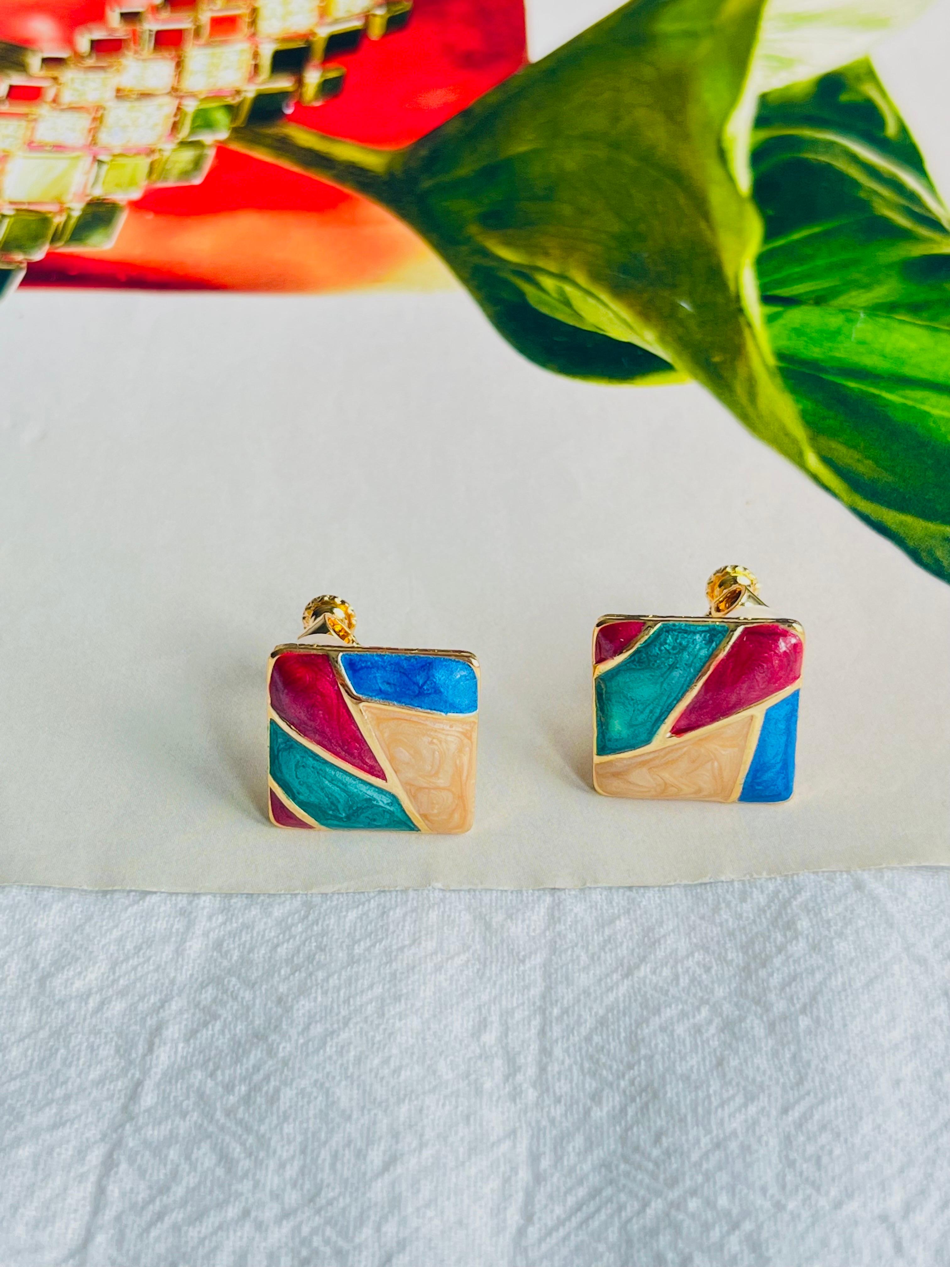 Art Deco Burgundy Green Navy Brown Square Enamel Patchwork Modernist Clip On Earrings For Sale