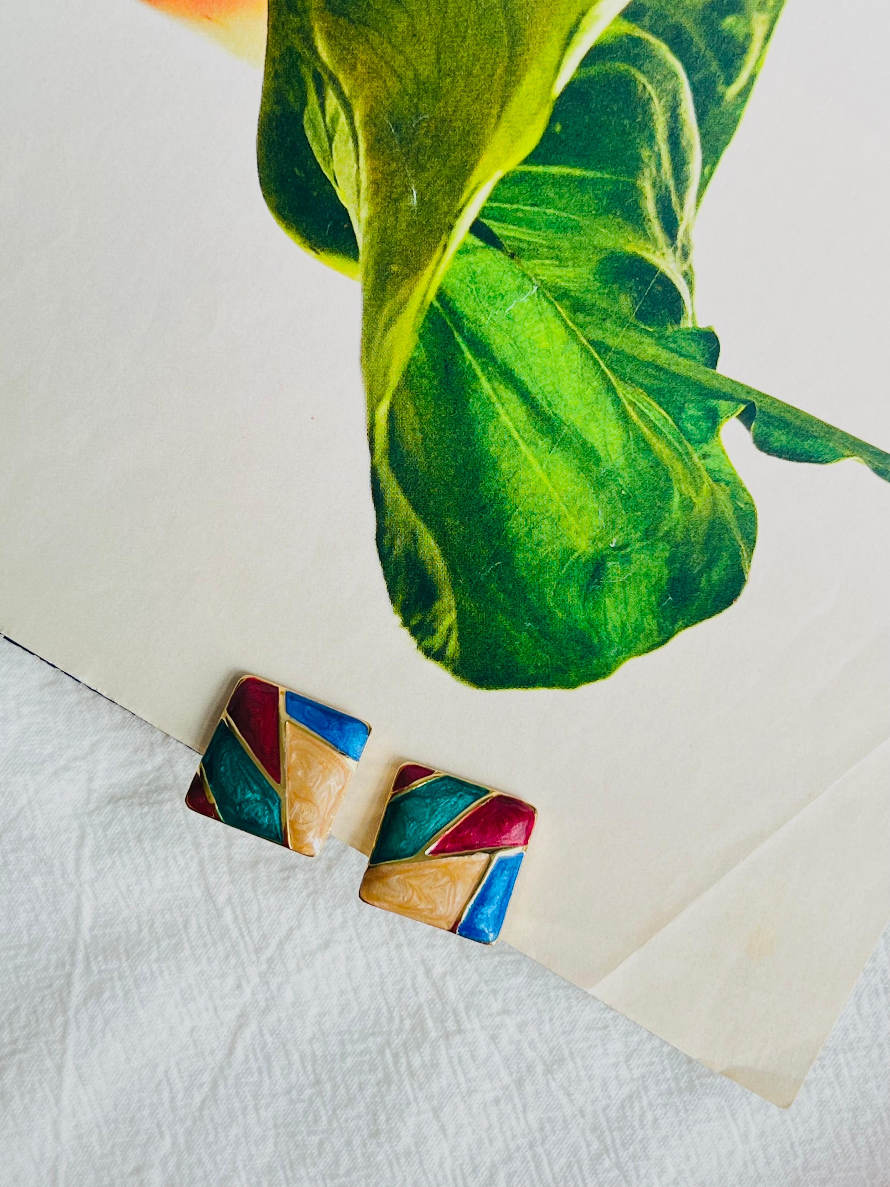Burgundy Green Navy Brown Square Enamel Patchwork Modernist Clip On Earrings In New Condition For Sale In Wokingham, England